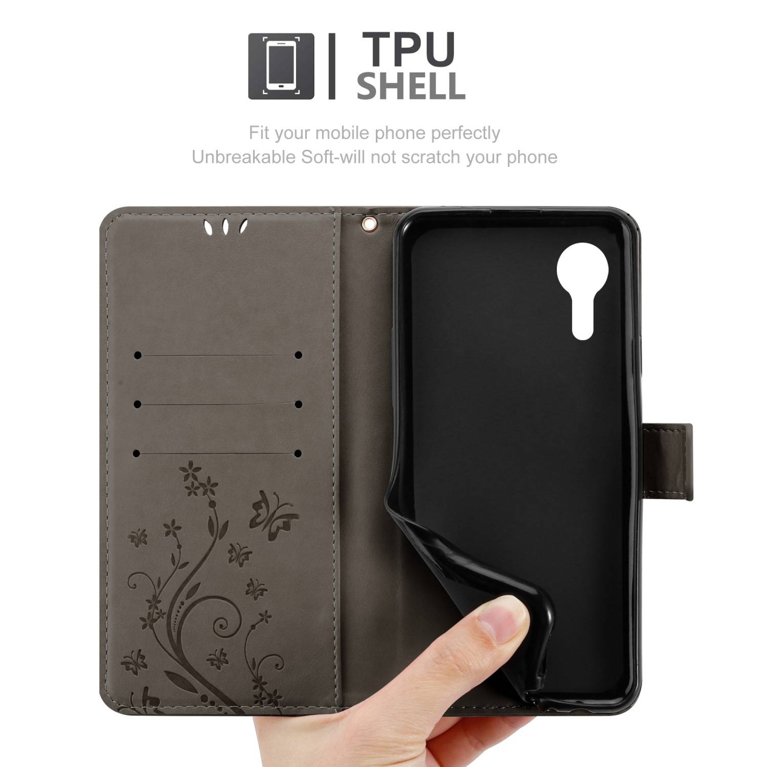 Cadorabo Hülle für Samsung Galaxy XCover 5 Schutz Hülle in Grau Schutzhülle Handy Hülle Etui Case Blumen Flower