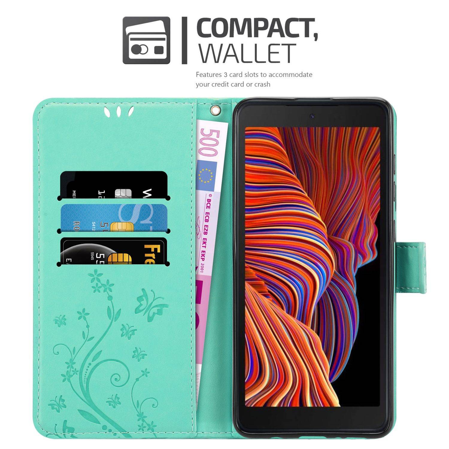Cadorabo Hülle für Samsung Galaxy XCover 5 Schutz Hülle in Türkis Schutzhülle Handy Hülle Etui Case Blumen Flower