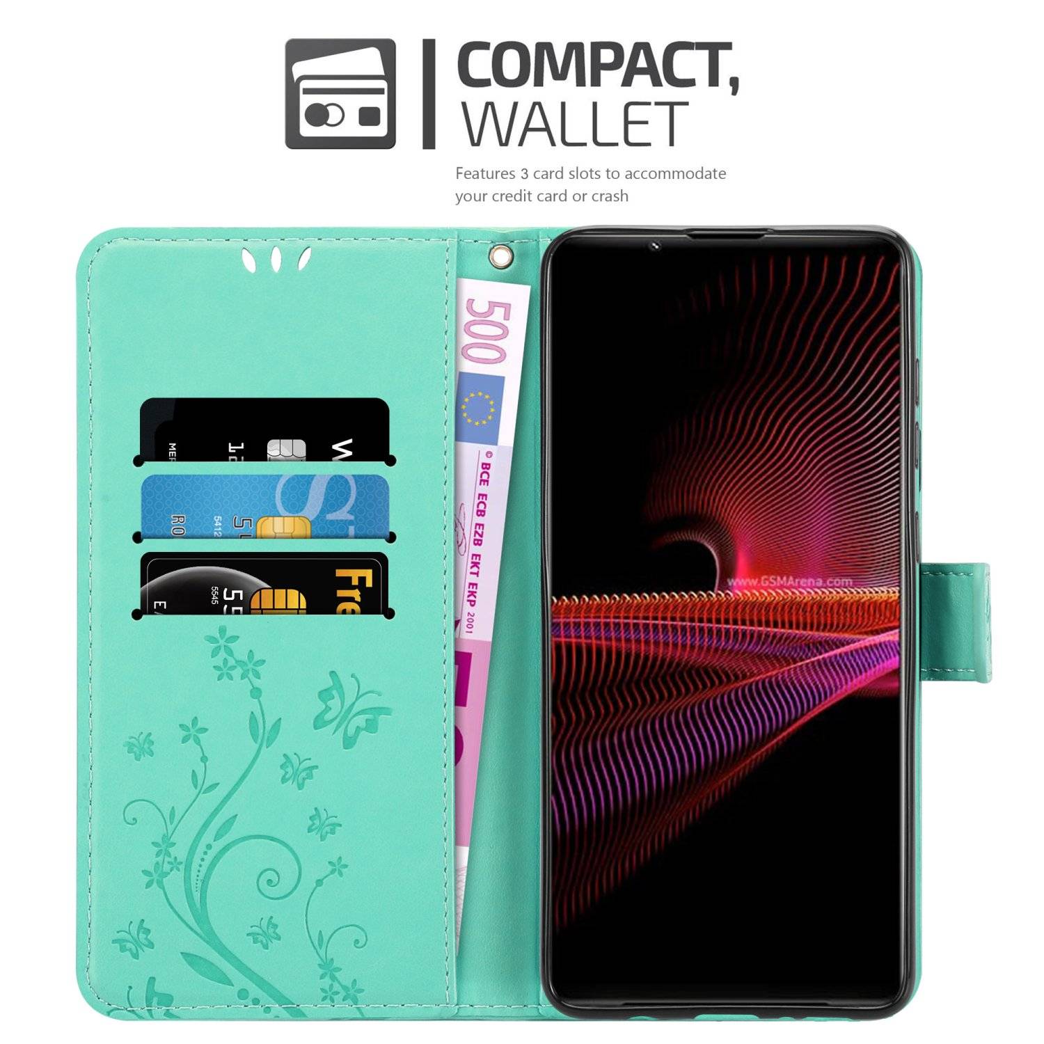 Cadorabo Hülle für Sony Xperia 1 III Schutz Hülle in Türkis Schutzhülle Handy Hülle Etui Case Blumen Flower