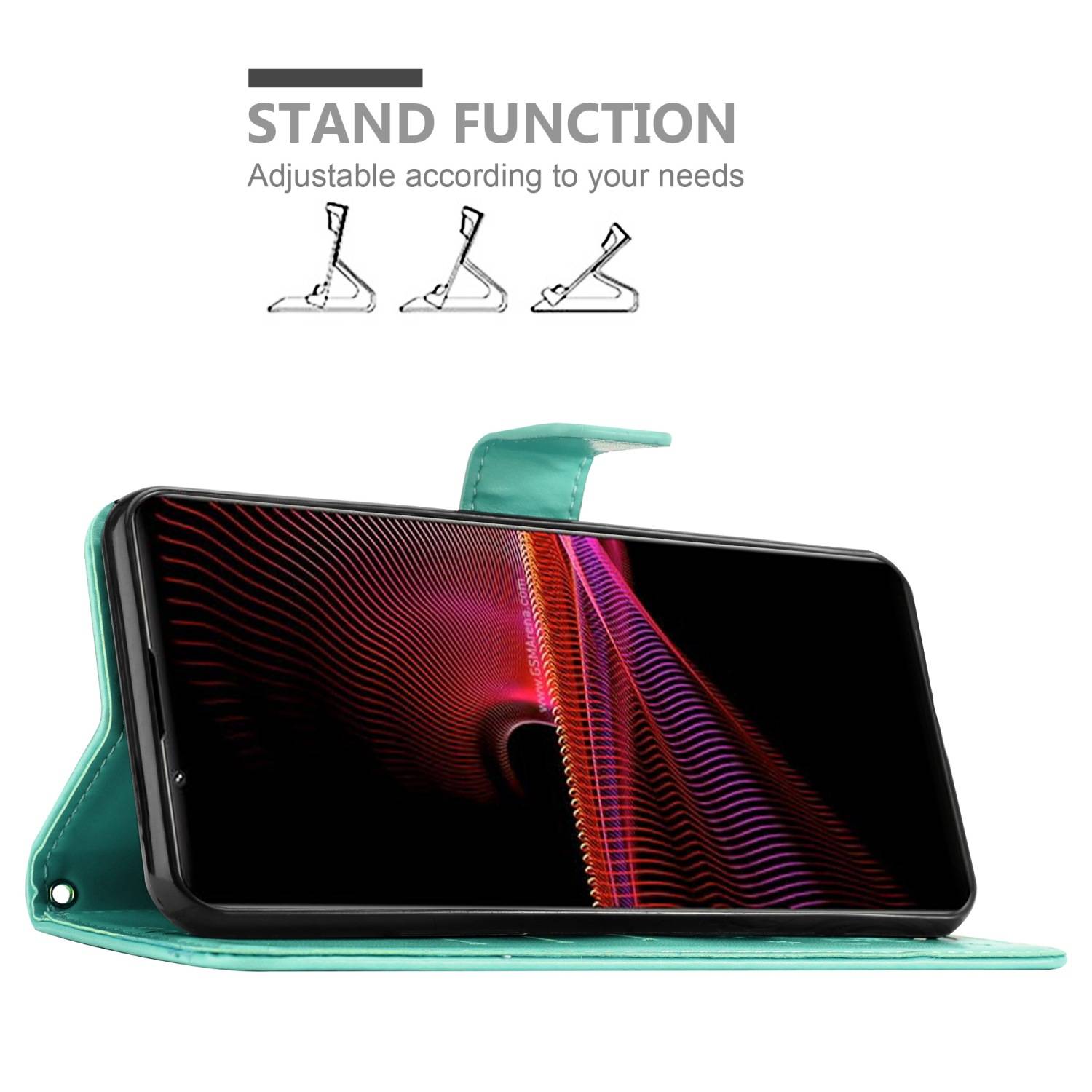 Cadorabo Hülle für Sony Xperia 1 III Schutz Hülle in Türkis Schutzhülle Handy Hülle Etui Case Blumen Flower