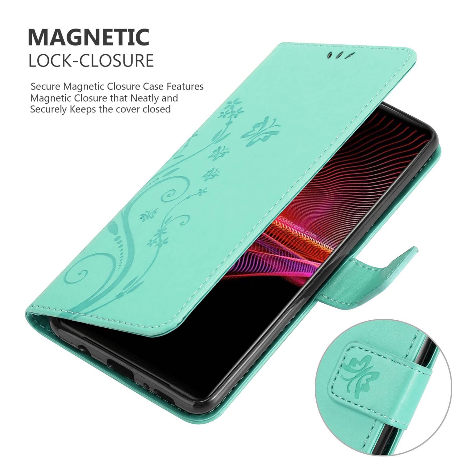 Cadorabo Hülle für Sony Xperia 1 III Schutz Hülle in Türkis Schutzhülle Handy Hülle Etui Case Blumen Flower