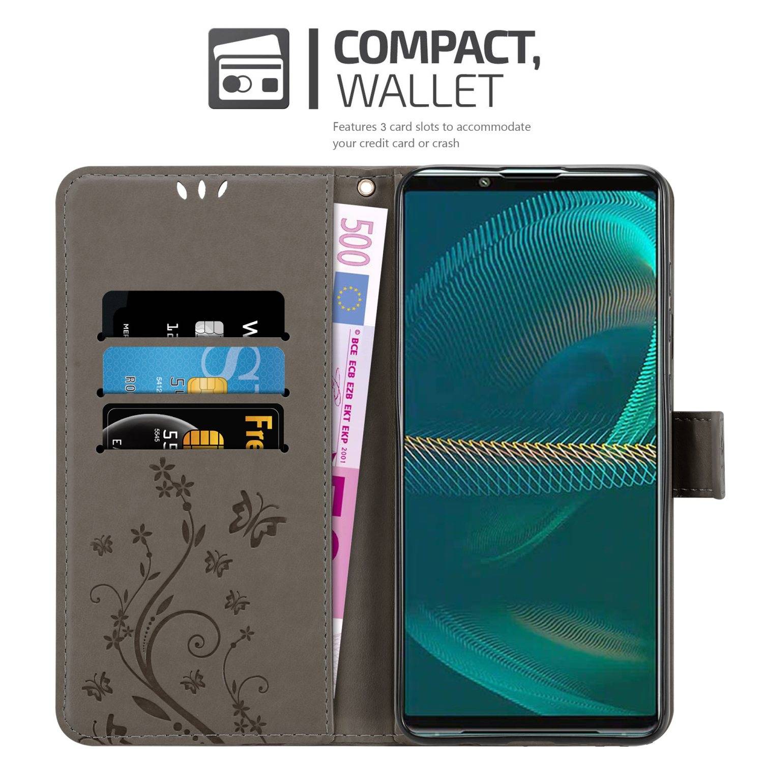 Cadorabo Hülle für Sony Xperia 5 III Schutz Hülle in Grau Schutzhülle Handy Hülle Etui Case Blumen Flower