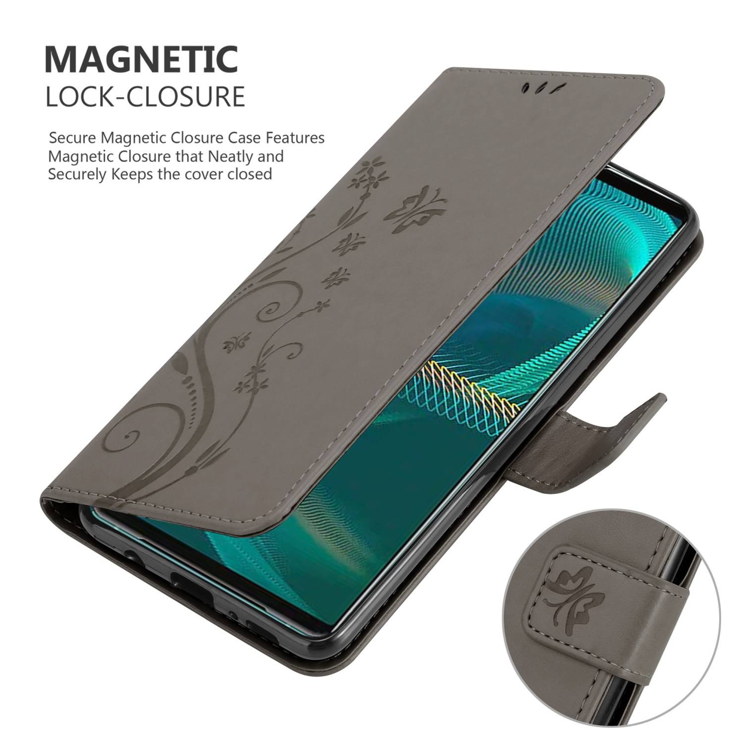Cadorabo Hülle für Sony Xperia 5 III Schutz Hülle in Grau Schutzhülle Handy Hülle Etui Case Blumen Flower