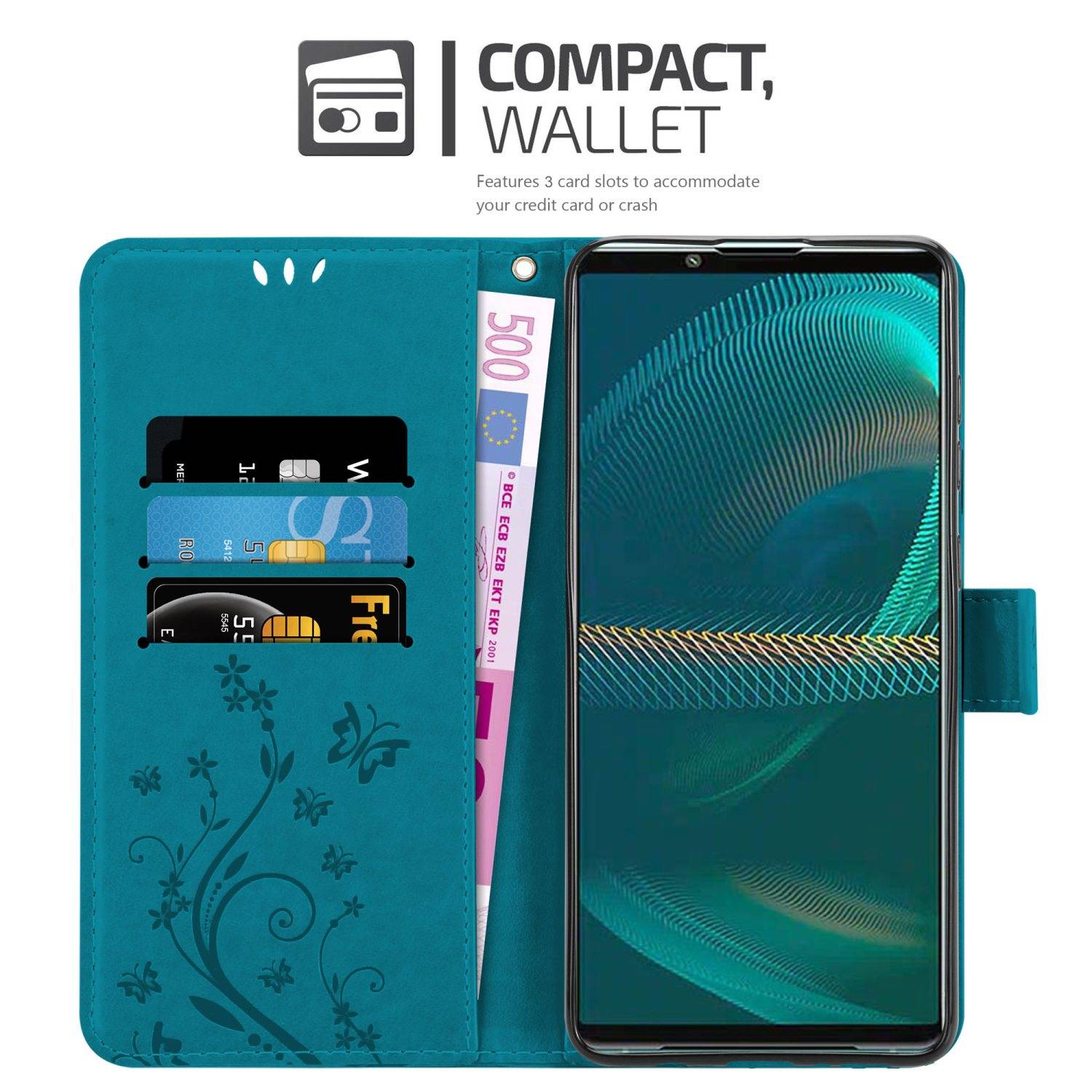 Cadorabo Hülle für Sony Xperia 5 III Schutz Hülle in Blau Schutzhülle Handy Hülle Etui Case Blumen Flower