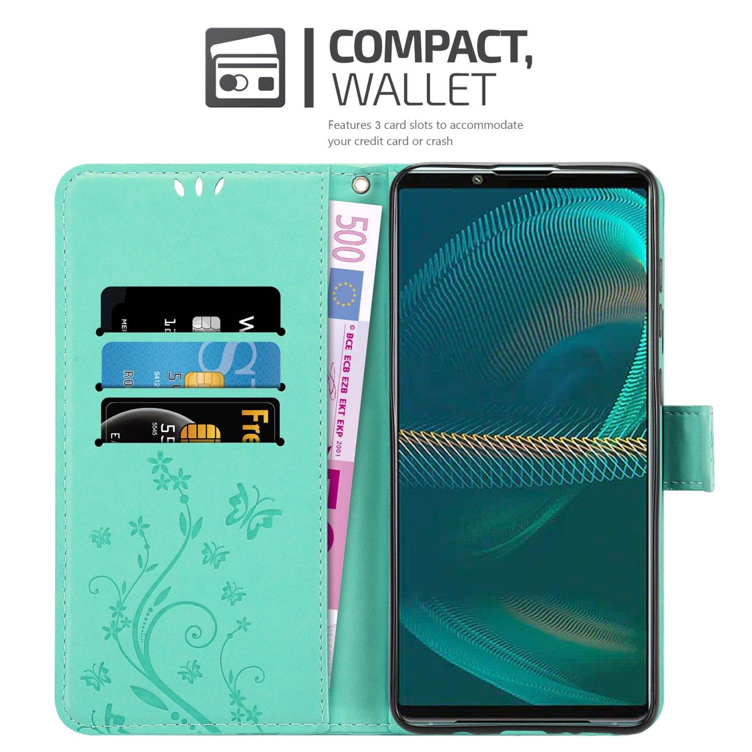 Cadorabo Hülle für Sony Xperia 5 III Schutz Hülle in Türkis Schutzhülle Handy Hülle Etui Case Blumen Flower