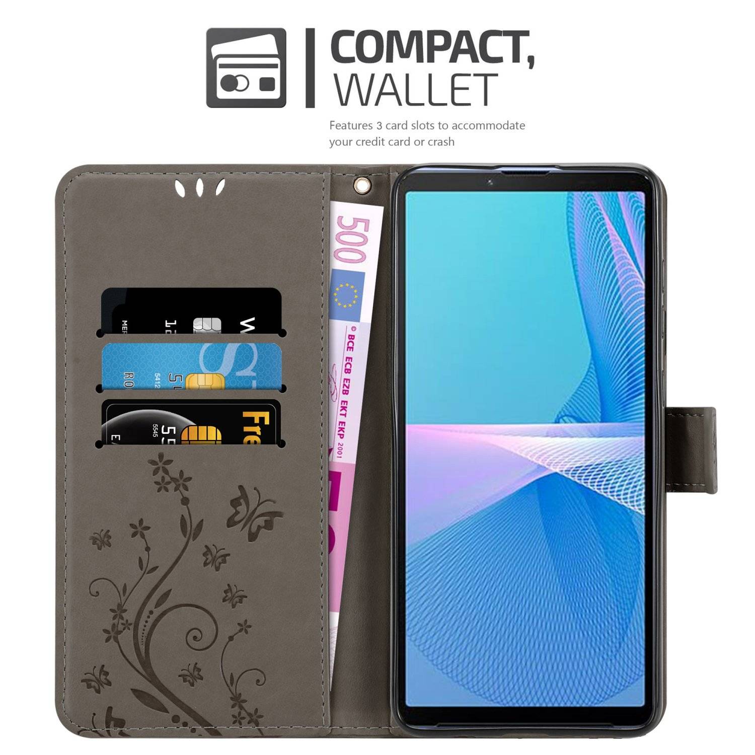 Cadorabo Hülle für Sony Xperia 10 III Schutz Hülle in Grau Schutzhülle Handy Hülle Etui Case Blumen Flower