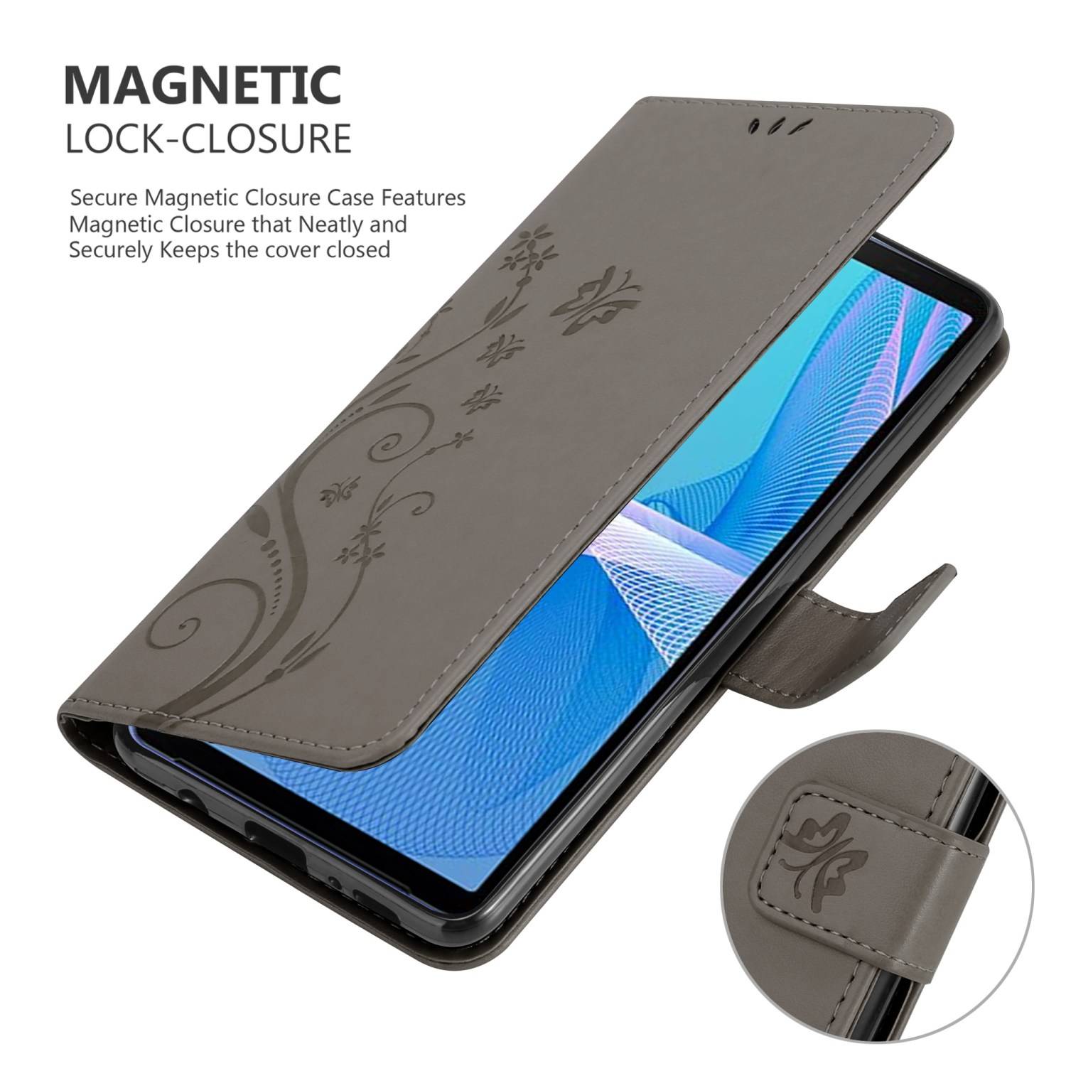 Cadorabo Hülle für Sony Xperia 10 III Schutz Hülle in Grau Schutzhülle Handy Hülle Etui Case Blumen Flower