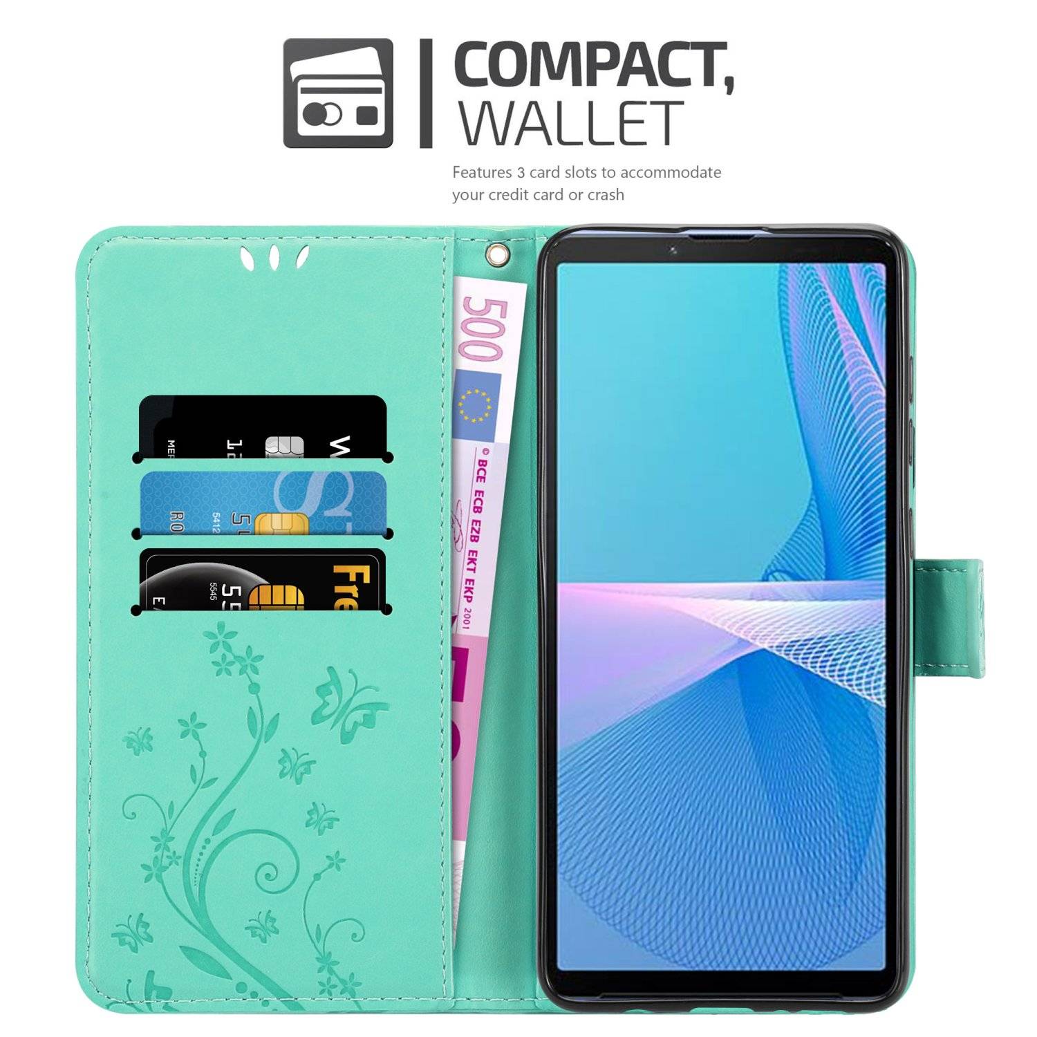 Cadorabo Hülle für Sony Xperia 10 III Schutz Hülle in Türkis Schutzhülle Handy Hülle Etui Case Blumen Flower