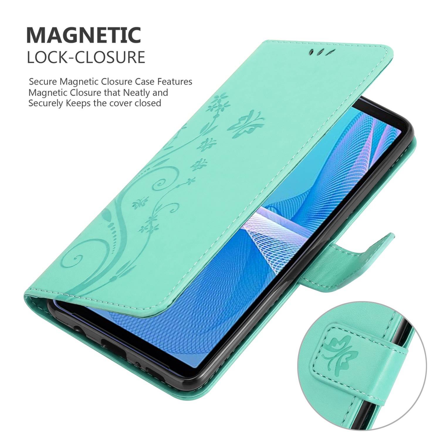 Cadorabo Hülle für Sony Xperia 10 III Schutz Hülle in Türkis Schutzhülle Handy Hülle Etui Case Blumen Flower