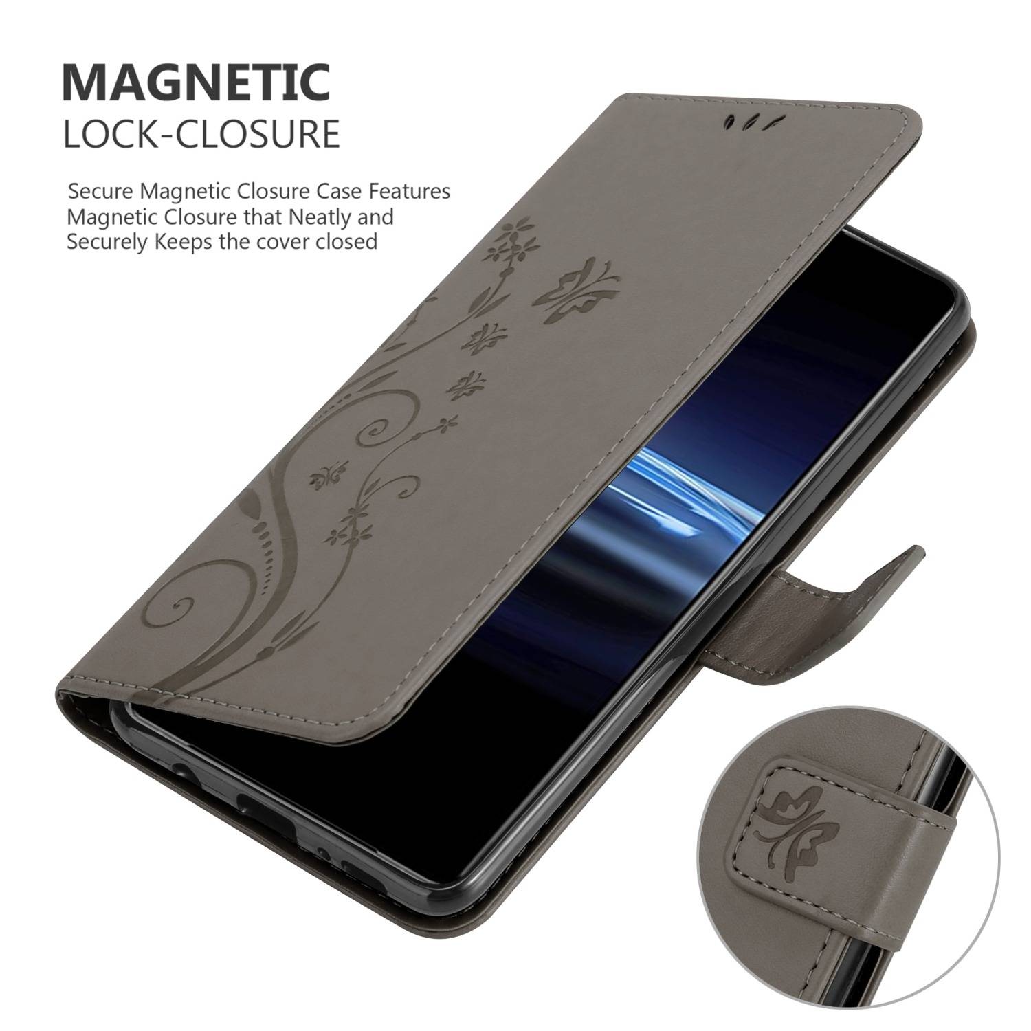 Cadorabo Hülle für Sony Xperia PRO-I Schutz Hülle in Grau Schutzhülle Handy Hülle Etui Case Blumen Flower