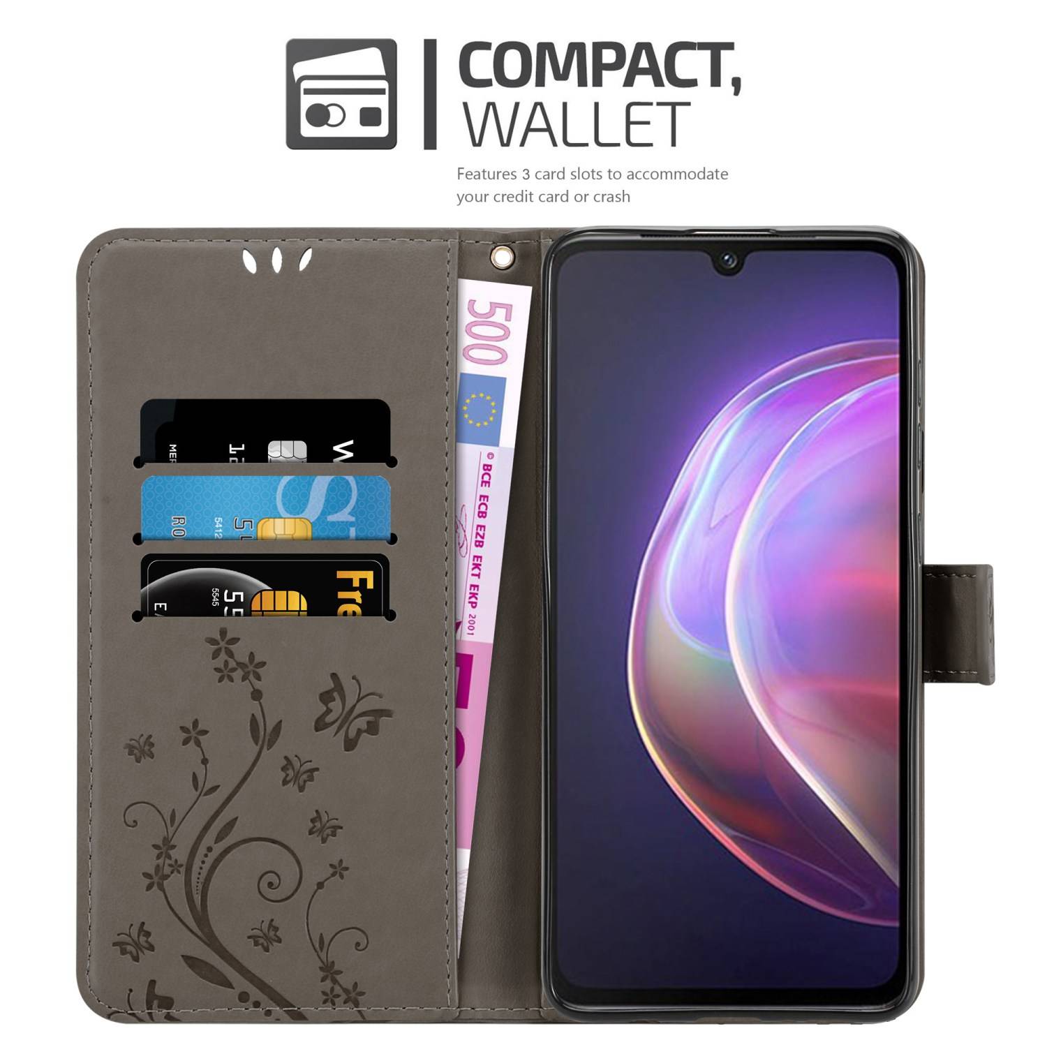 Cadorabo Hülle für Vivo V21 4G / 5G Schutz Hülle in Grau Schutzhülle Handy Hülle Etui Case Blumen Flower