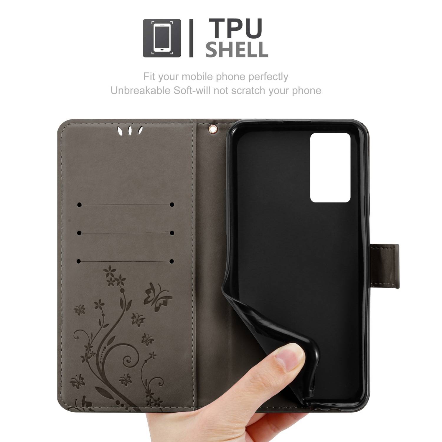 Cadorabo Hülle für Vivo V21 4G / 5G Schutz Hülle in Grau Schutzhülle Handy Hülle Etui Case Blumen Flower