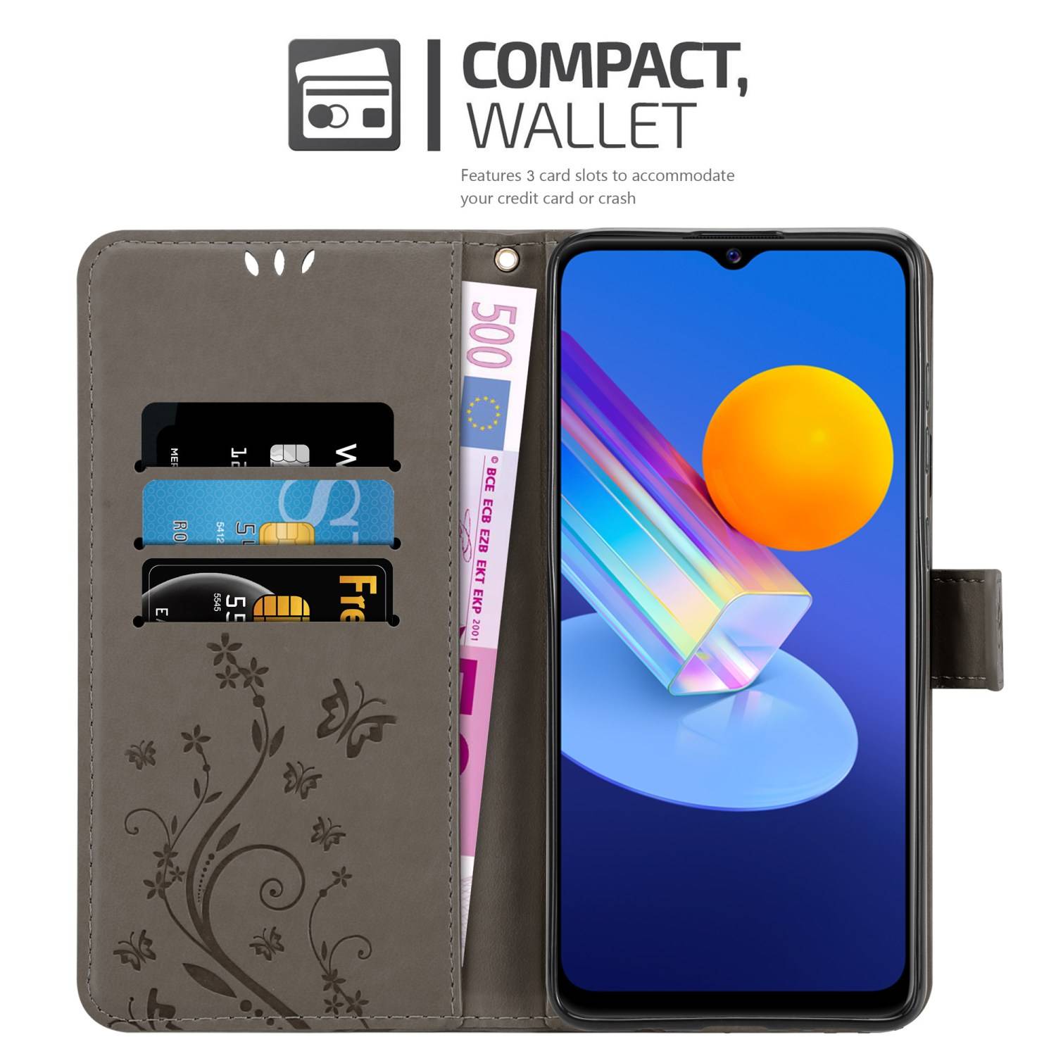 Cadorabo Hülle für Vivo Y52 5G / Y72 5G Schutz Hülle in Grau Schutzhülle Handy Hülle Etui Case Blumen Flower