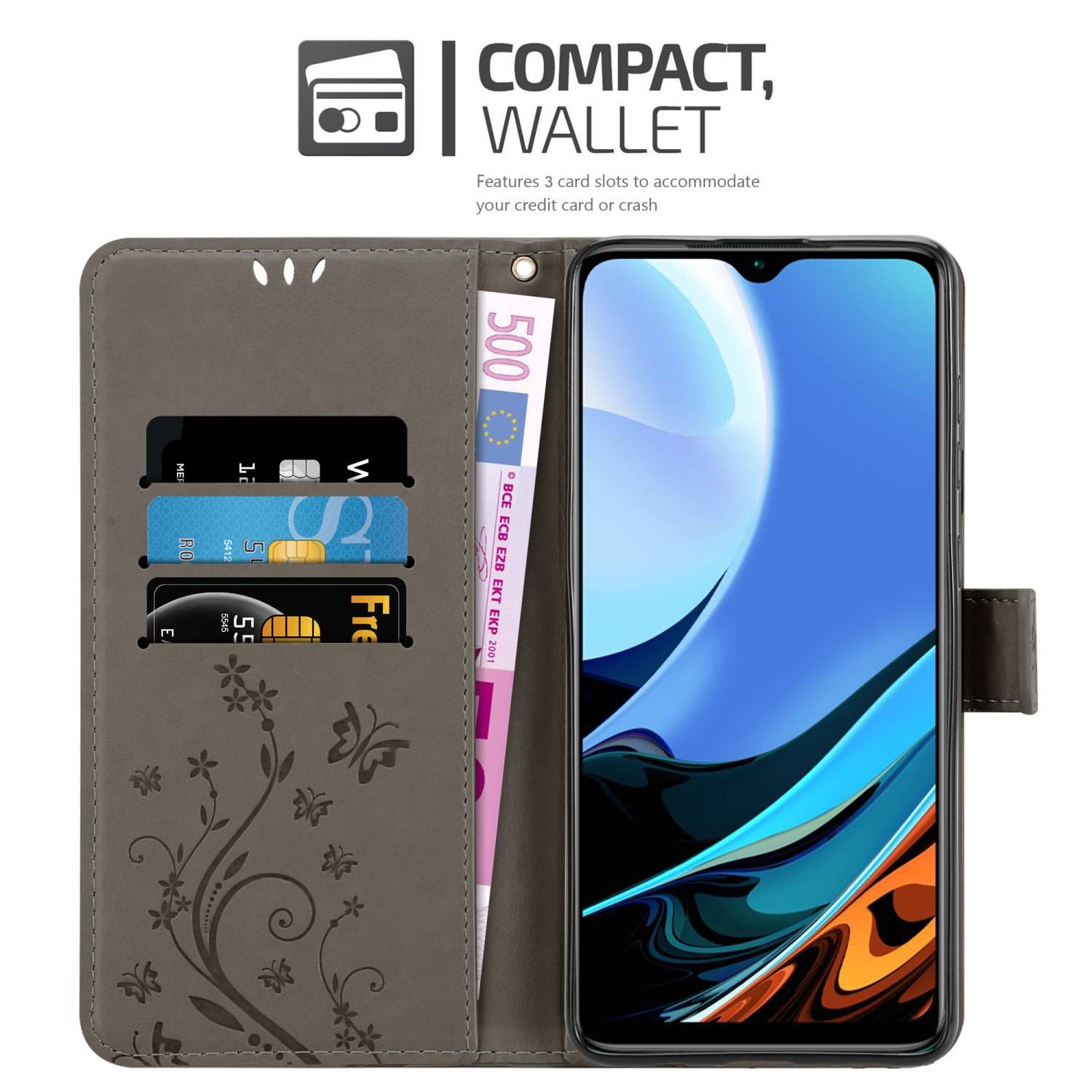 Cadorabo Hülle für Xiaomi RedMi 9T / POCO M3 Schutz Hülle in Grau Schutzhülle Handy Hülle Etui Case Blumen Flower