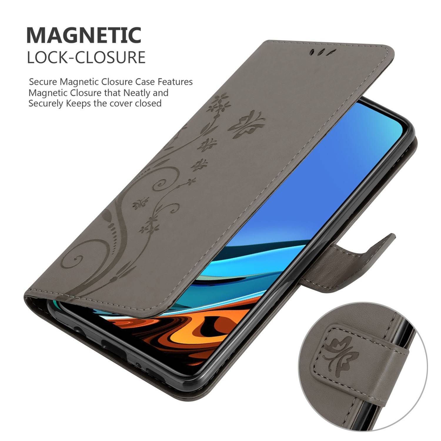Cadorabo Hülle für Xiaomi RedMi 9T / POCO M3 Schutz Hülle in Grau Schutzhülle Handy Hülle Etui Case Blumen Flower