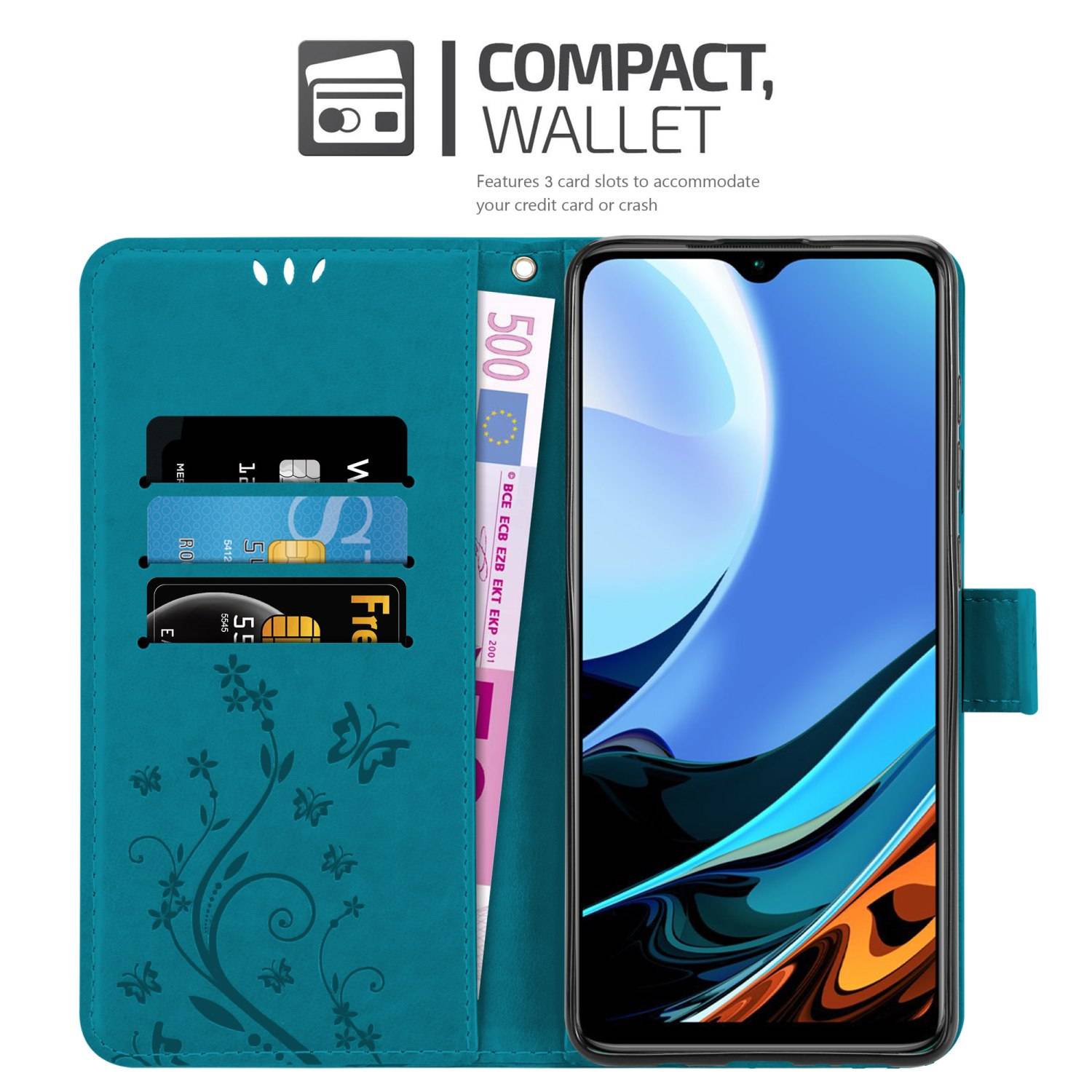 Cadorabo Hülle für Xiaomi RedMi 9T / POCO M3 Schutz Hülle in Blau Schutzhülle Handy Hülle Etui Case Blumen Flower