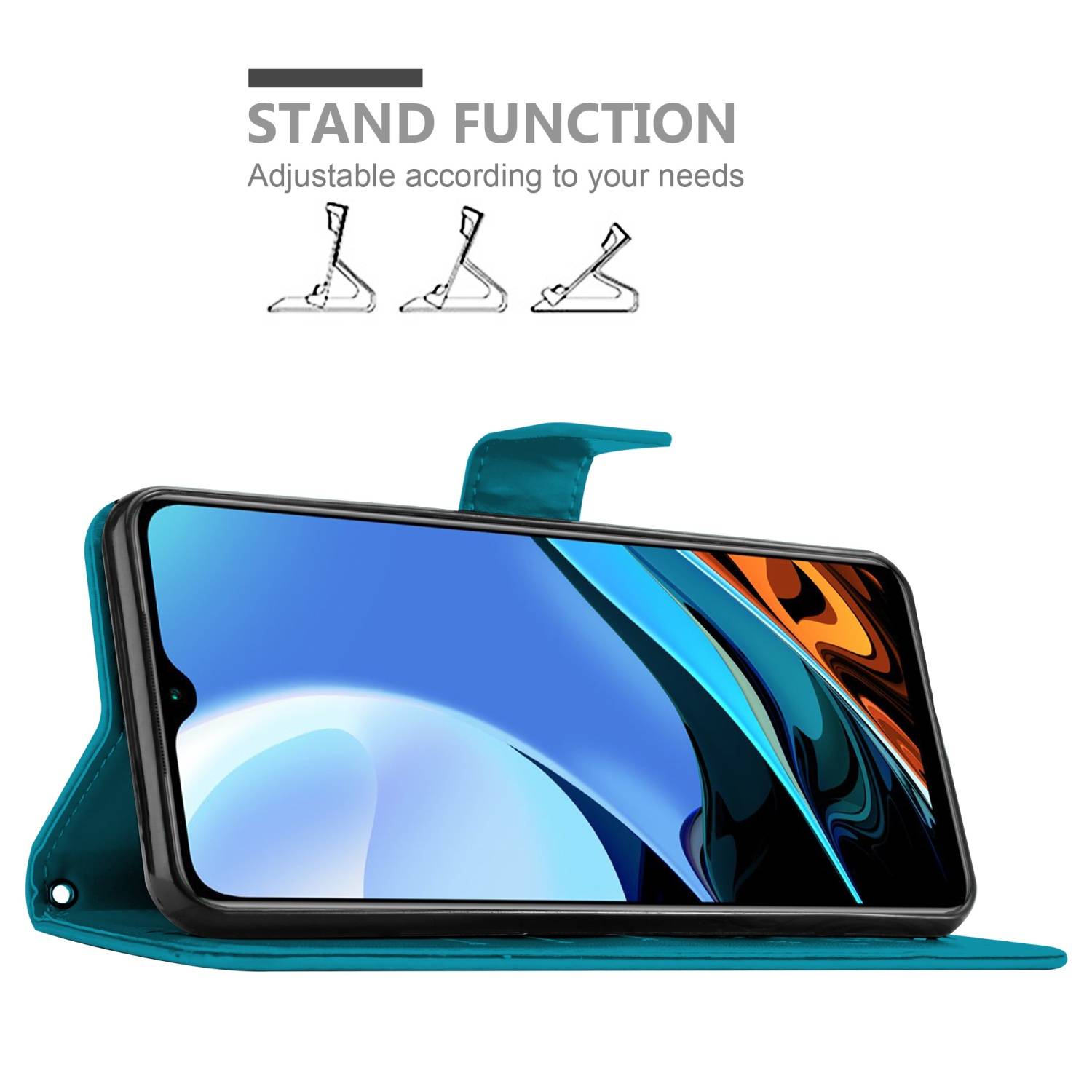 Cadorabo Hülle für Xiaomi RedMi 9T / POCO M3 Schutz Hülle in Blau Schutzhülle Handy Hülle Etui Case Blumen Flower