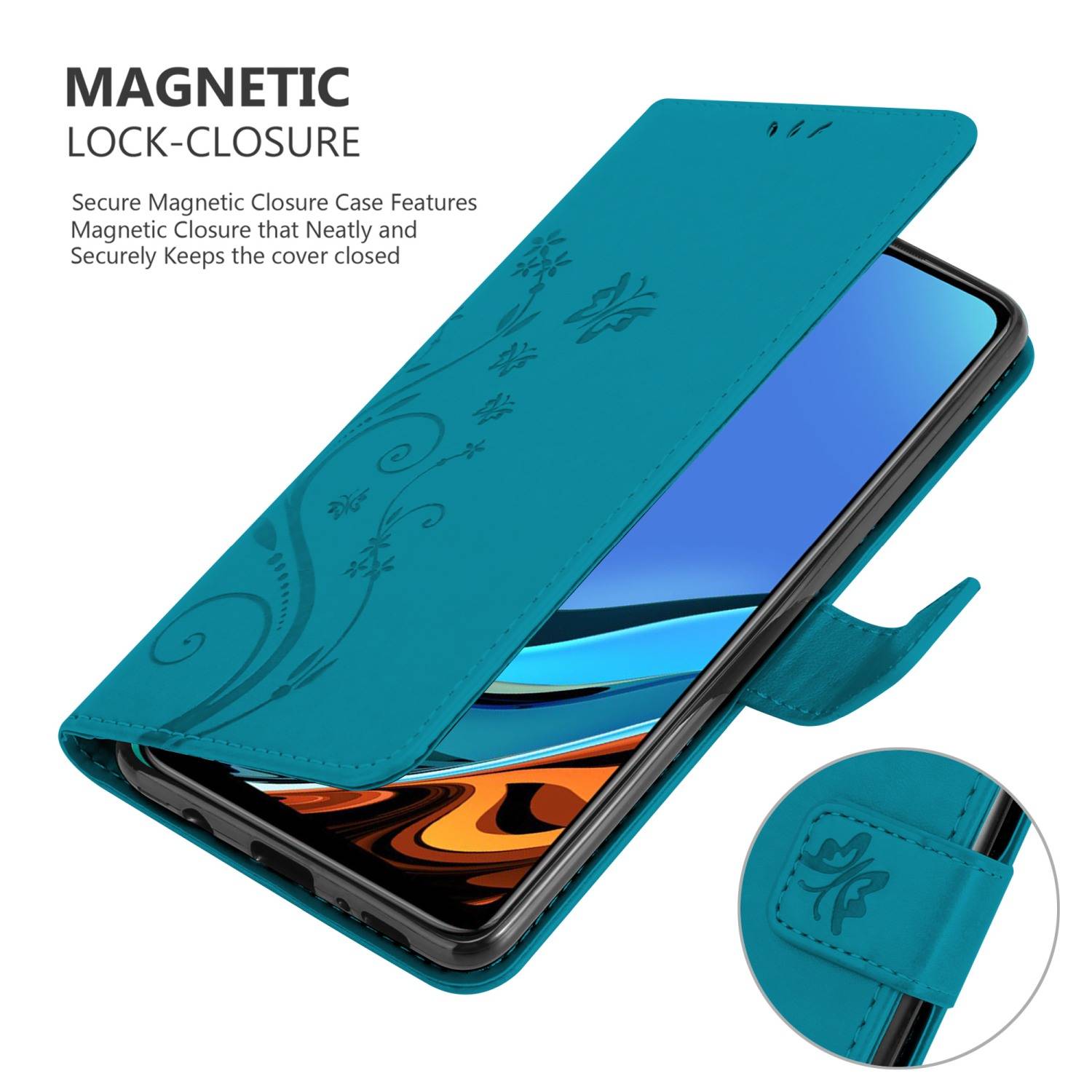 Cadorabo Hülle für Xiaomi RedMi 9T / POCO M3 Schutz Hülle in Blau Schutzhülle Handy Hülle Etui Case Blumen Flower