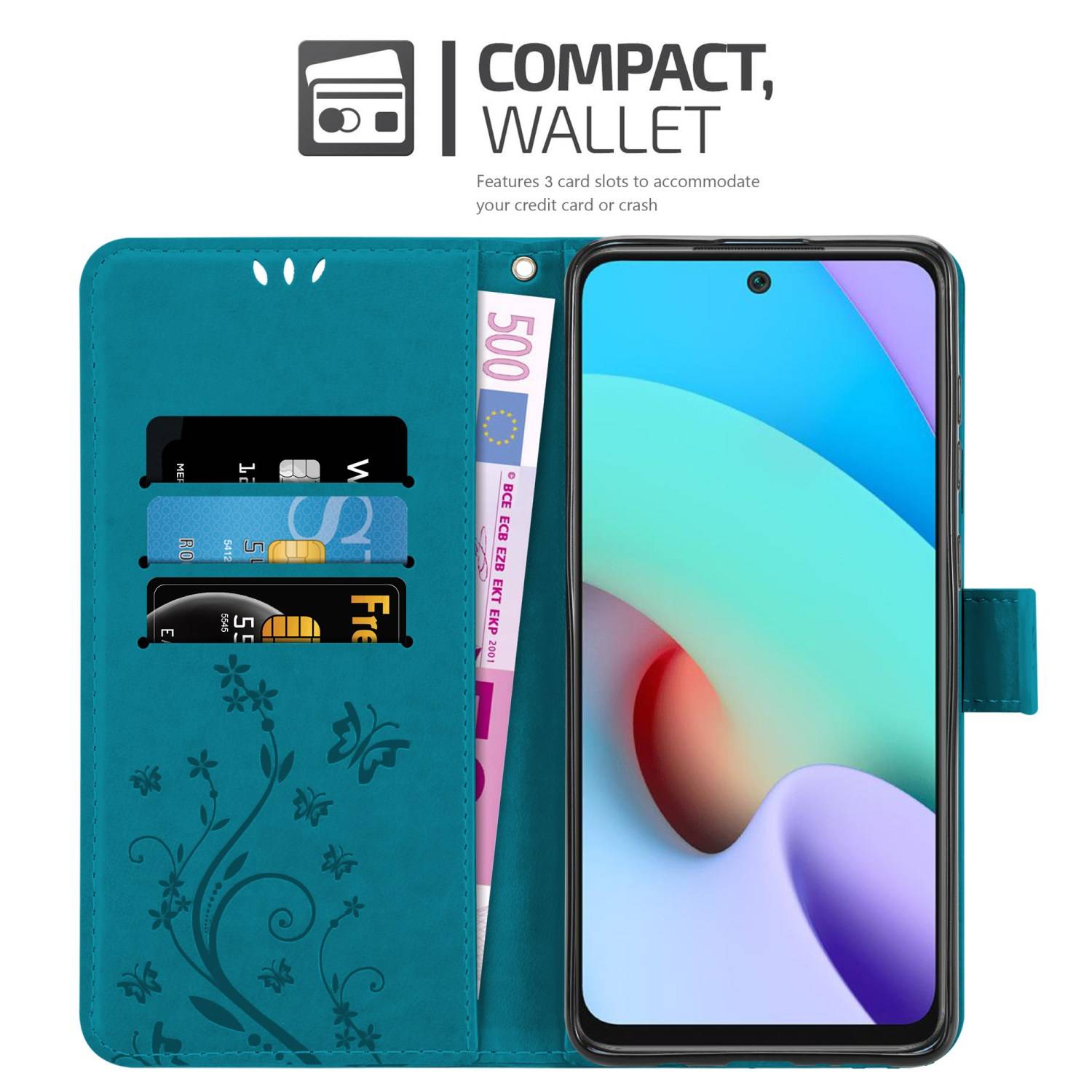 Cadorabo Hülle für Xiaomi RedMi 10 / RedMi NOTE 11 4G Schutz Hülle in Blau Schutzhülle Handy Hülle Etui Case Blumen