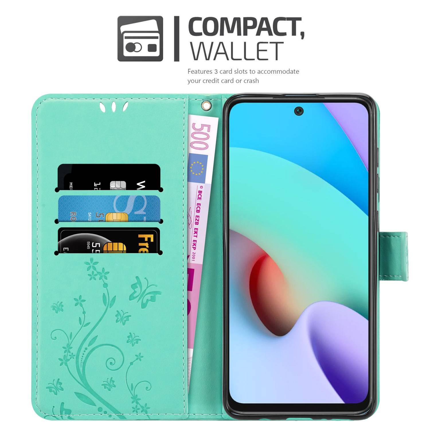 Cadorabo Hülle für Xiaomi RedMi 10 / RedMi NOTE 11 4G Schutz Hülle in Türkis Schutzhülle Handy Hülle Etui Case Blumen