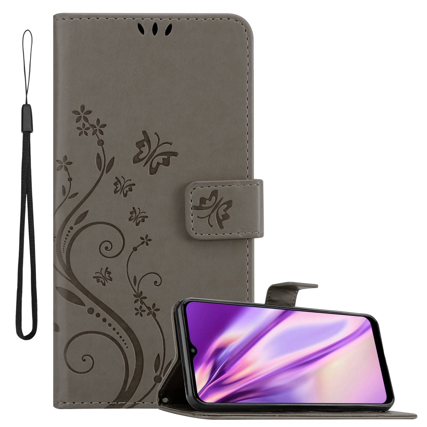Cadorabo Hülle für Motorola MOTO E20 / E30 / E40 Schutz Hülle in Grau Schutzhülle Handy Hülle Etui Case Blumen Flower
