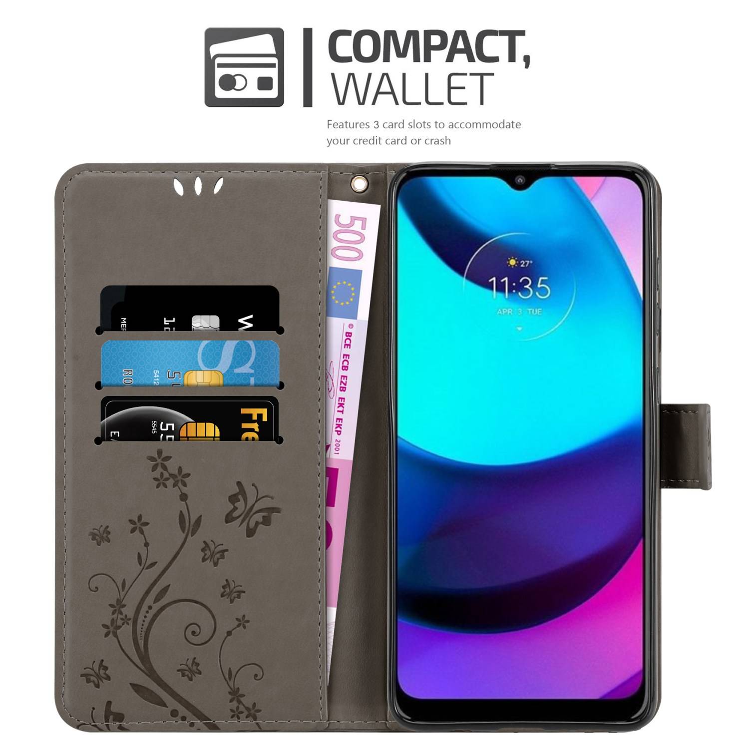 Cadorabo Hülle für Motorola MOTO E20 / E30 / E40 Schutz Hülle in Grau Schutzhülle Handy Hülle Etui Case Blumen Flower