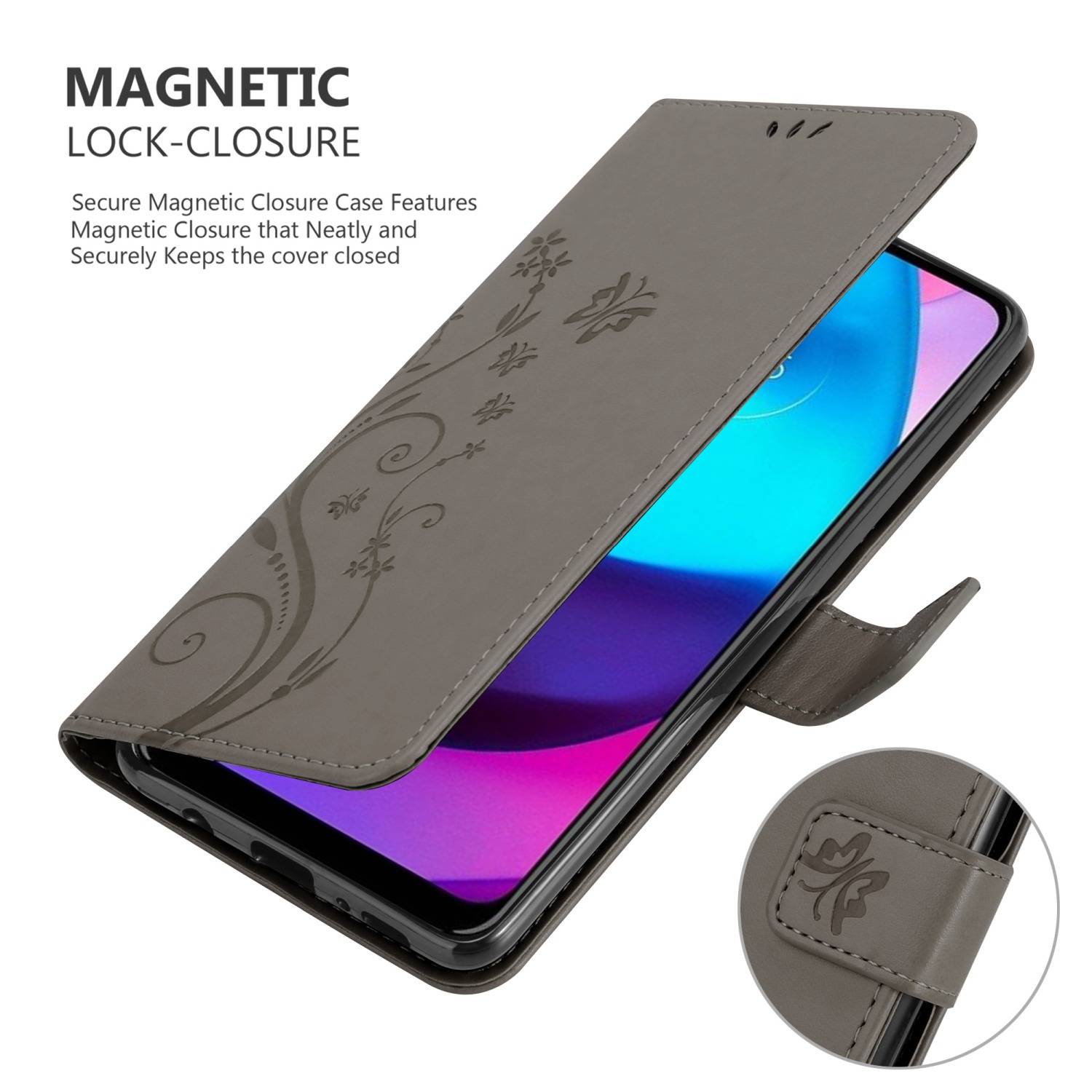 Cadorabo Hülle für Motorola MOTO E20 / E30 / E40 Schutz Hülle in Grau Schutzhülle Handy Hülle Etui Case Blumen Flower