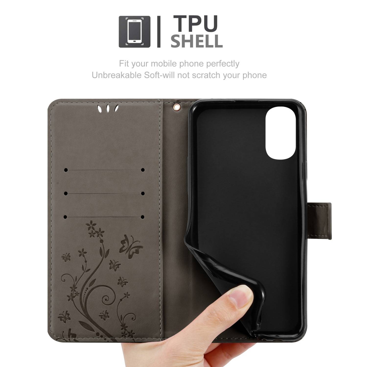 Cadorabo Hülle für Motorola MOTO E20 / E30 / E40 Schutz Hülle in Grau Schutzhülle Handy Hülle Etui Case Blumen Flower