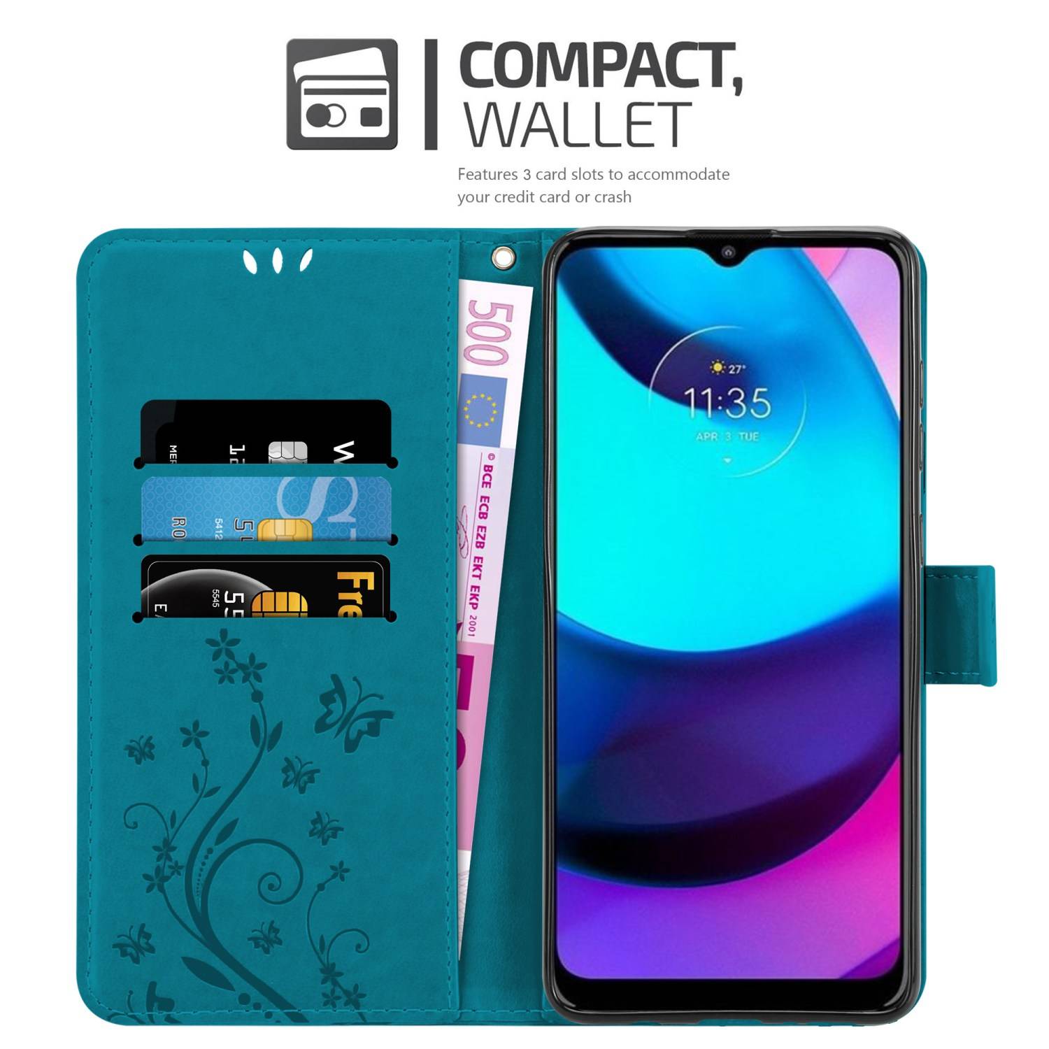 Cadorabo Hülle für Motorola MOTO E20 / E30 / E40 Schutz Hülle in Blau Schutzhülle Handy Hülle Etui Case Blumen Flower