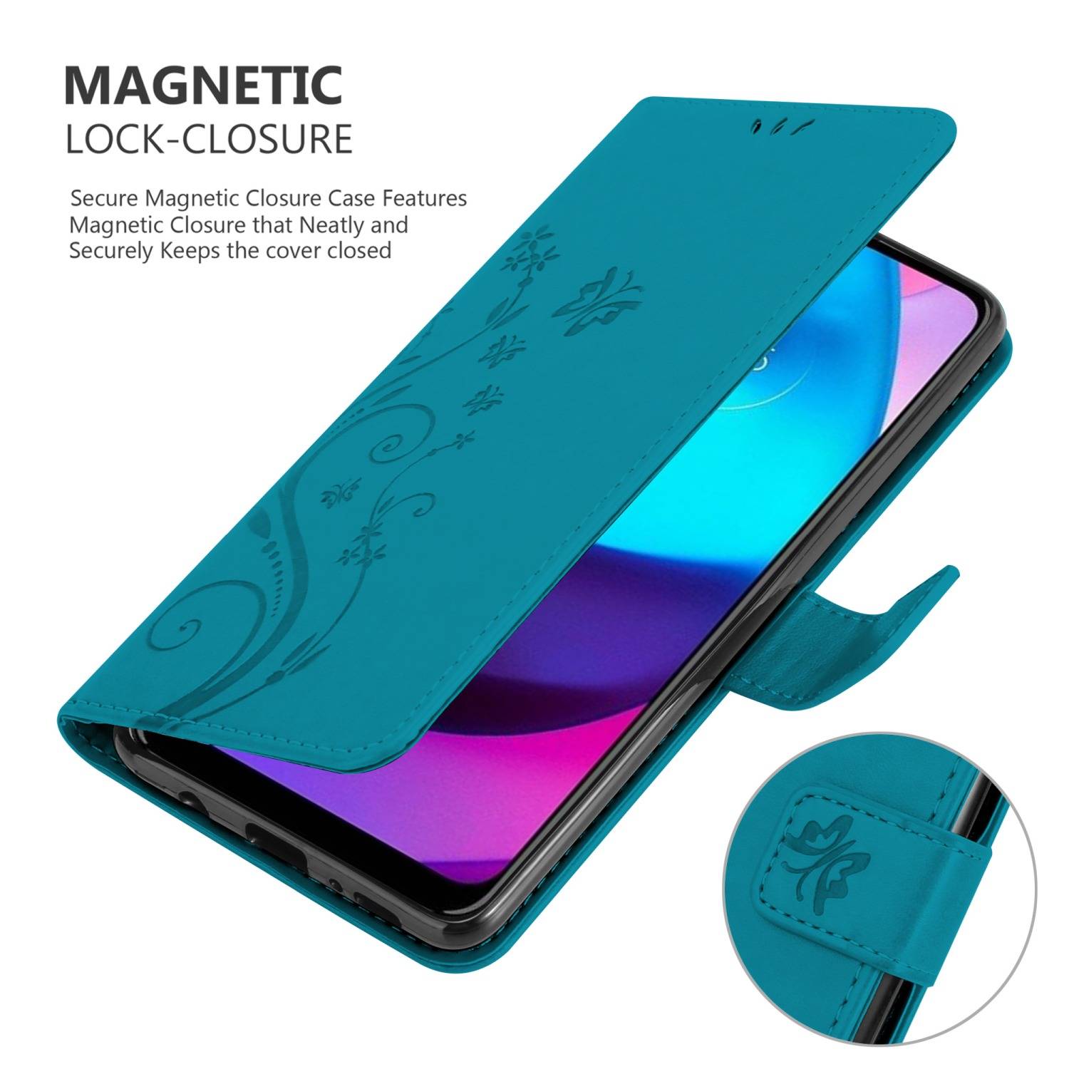 Cadorabo Hülle für Motorola MOTO E20 / E30 / E40 Schutz Hülle in Blau Schutzhülle Handy Hülle Etui Case Blumen Flower