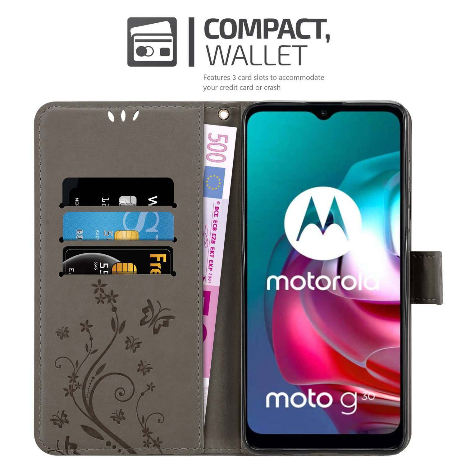 Cadorabo Hülle für Motorola MOTO G10 / G30 Schutz Hülle in Grau Schutzhülle Handy Hülle Etui Case Blumen Flower