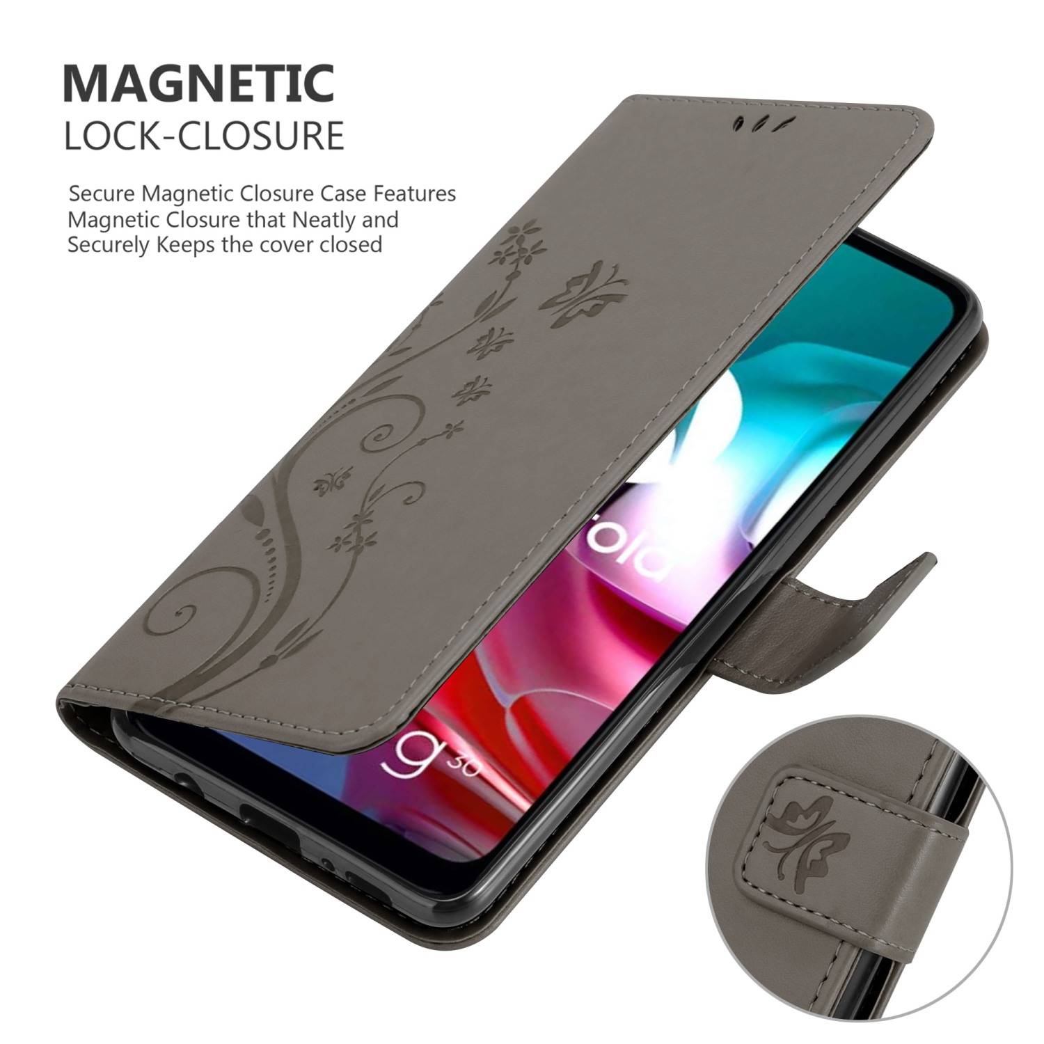 Cadorabo Hülle für Motorola MOTO G10 / G30 Schutz Hülle in Grau Schutzhülle Handy Hülle Etui Case Blumen Flower