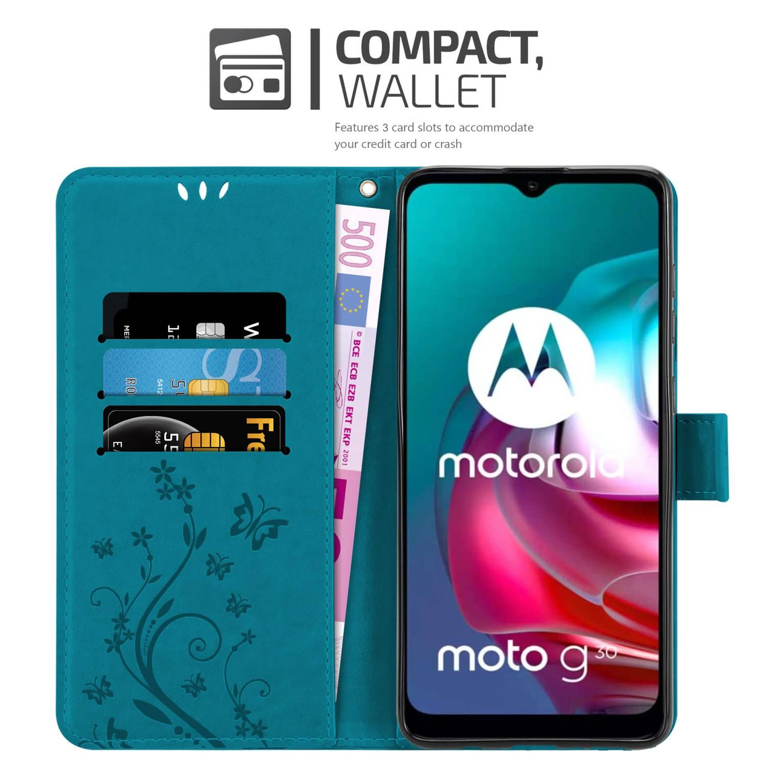 Cadorabo Hülle für Motorola MOTO G10 / G30 Schutz Hülle in Blau Schutzhülle Handy Hülle Etui Case Blumen Flower