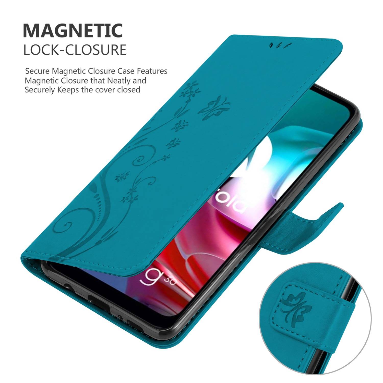 Cadorabo Hülle für Motorola MOTO G10 / G30 Schutz Hülle in Blau Schutzhülle Handy Hülle Etui Case Blumen Flower