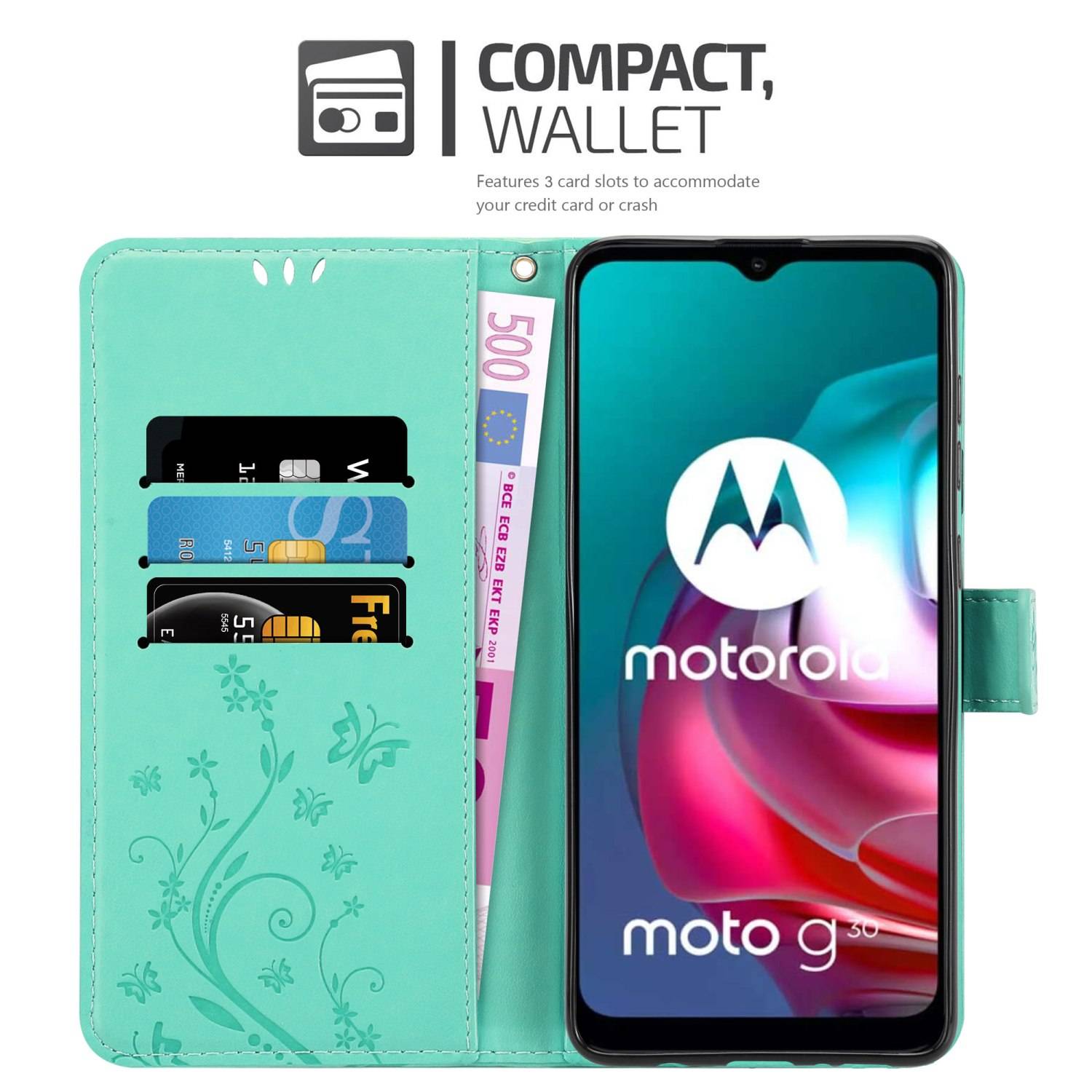 Cadorabo Hülle für Motorola MOTO G10 / G30 Schutz Hülle in Türkis Schutzhülle Handy Hülle Etui Case Blumen Flower
