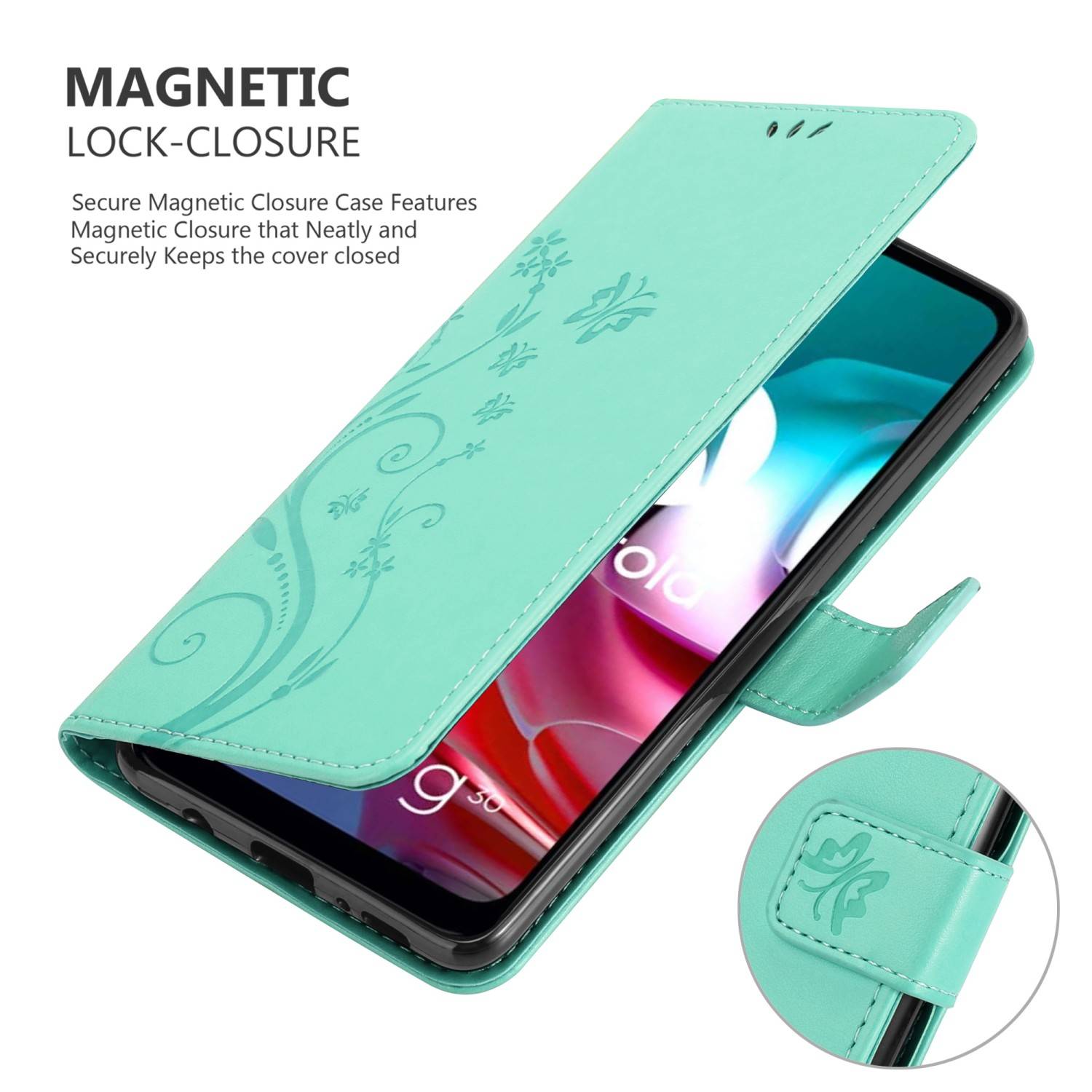 Cadorabo Hülle für Motorola MOTO G10 / G30 Schutz Hülle in Türkis Schutzhülle Handy Hülle Etui Case Blumen Flower