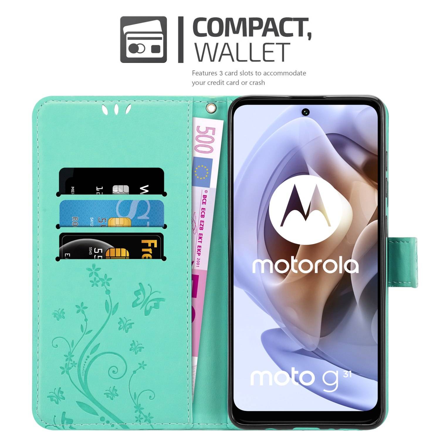 Cadorabo Hülle für Motorola MOTO G31 / G41 Schutz Hülle in Türkis Schutzhülle Handy Hülle Etui Case Blumen Flower