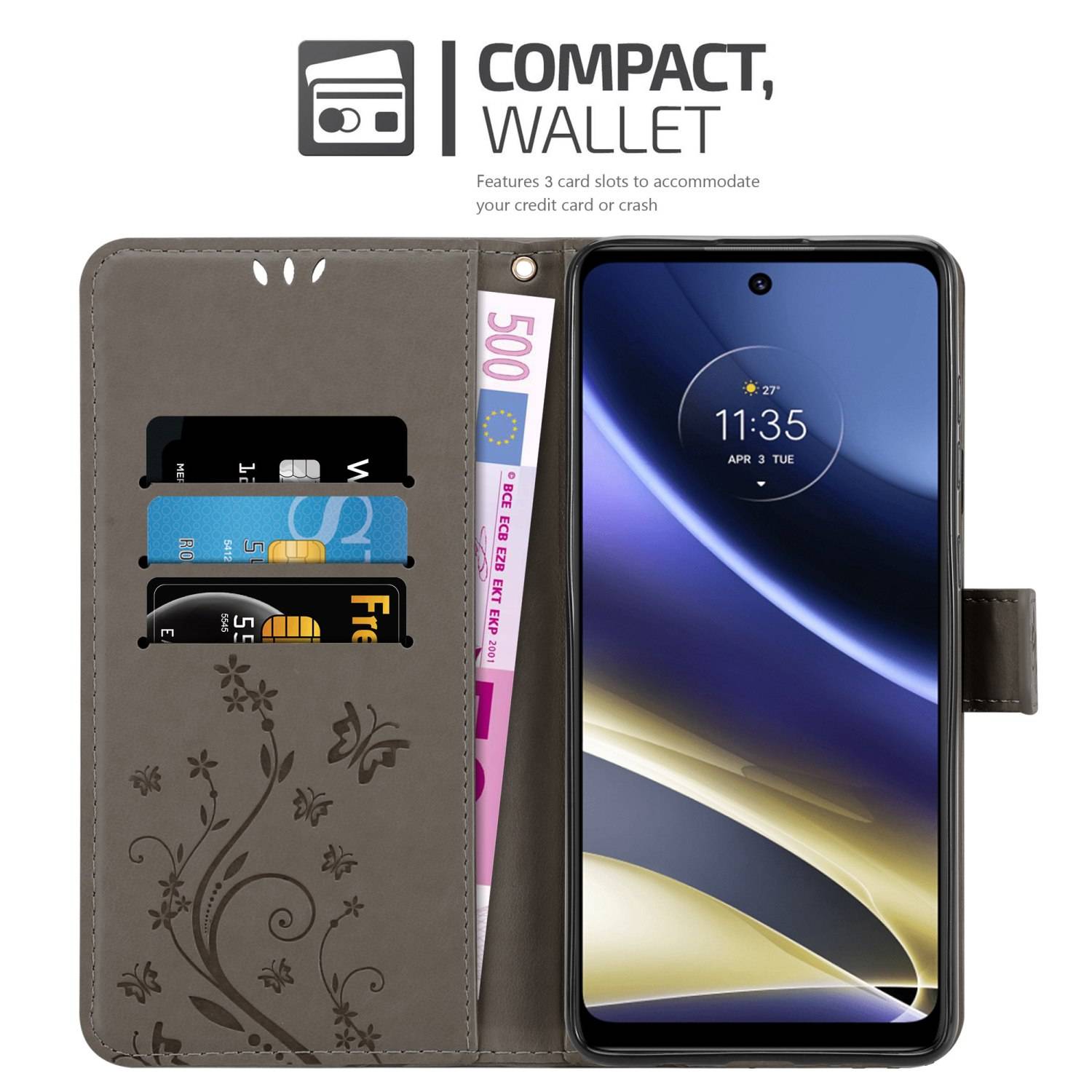 Cadorabo Hülle für Motorola MOTO G51 5G Schutz Hülle in Grau Schutzhülle Handy Hülle Etui Case Blumen Flower