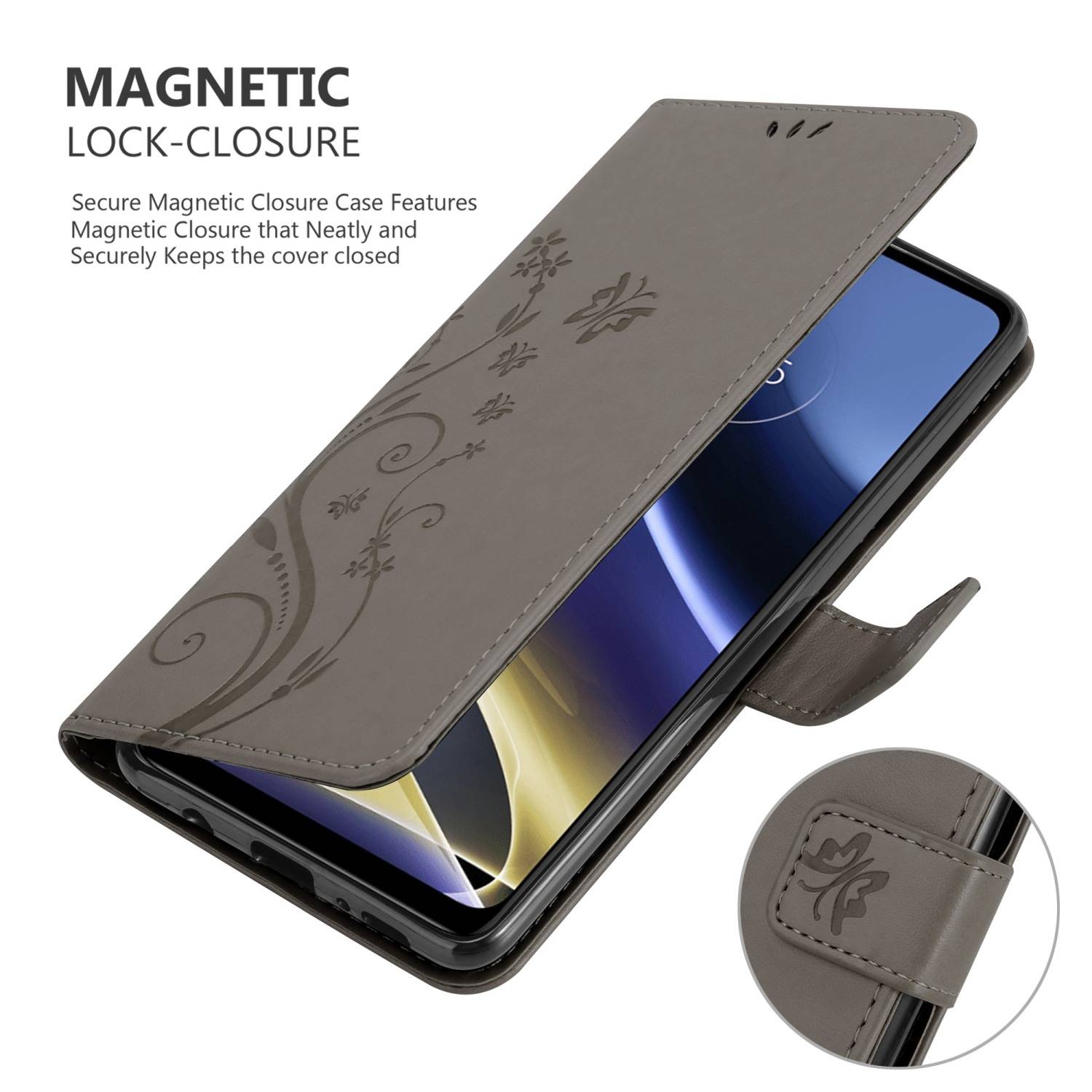 Cadorabo Hülle für Motorola MOTO G51 5G Schutz Hülle in Grau Schutzhülle Handy Hülle Etui Case Blumen Flower