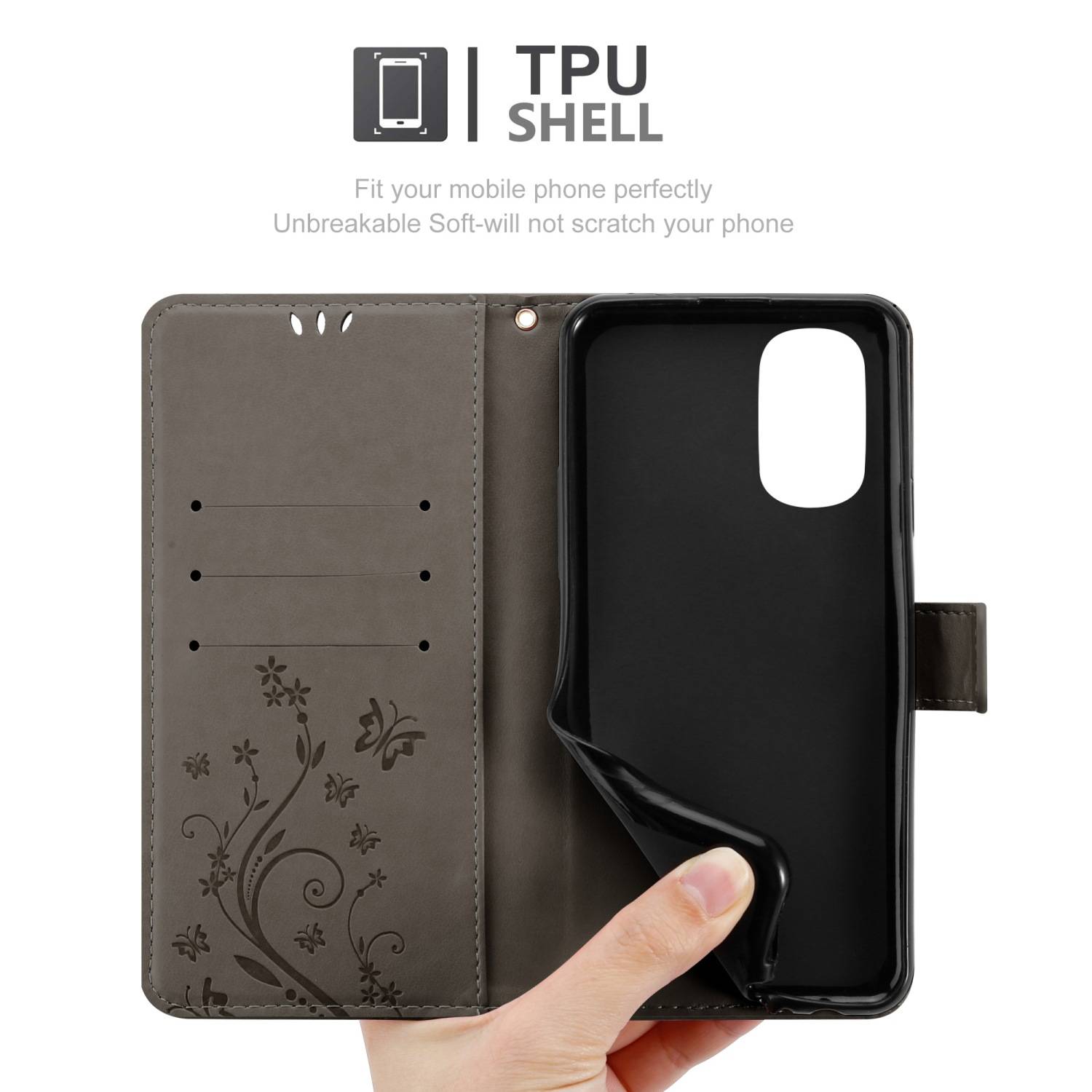 Cadorabo Hülle für Motorola MOTO G51 5G Schutz Hülle in Grau Schutzhülle Handy Hülle Etui Case Blumen Flower