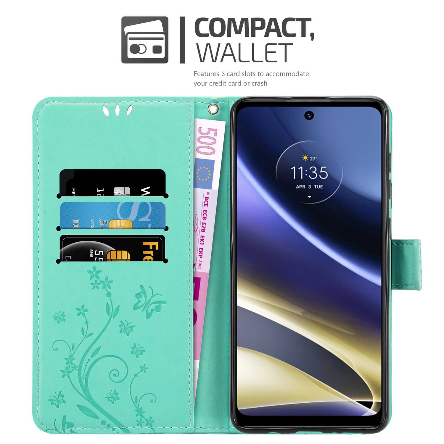 Cadorabo Hülle für Motorola MOTO G51 5G Schutz Hülle in Türkis Schutzhülle Handy Hülle Etui Case Blumen Flower