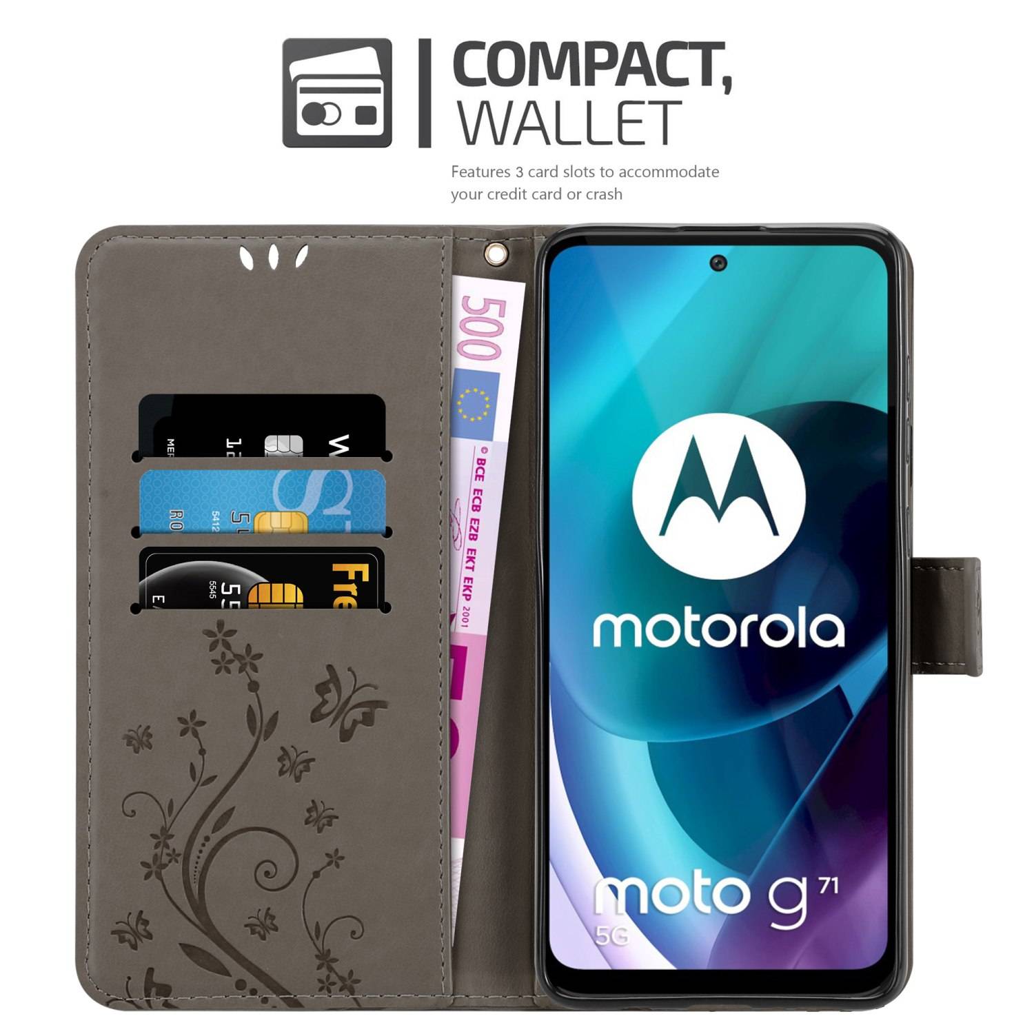 Cadorabo Hülle für Motorola MOTO G71 5G Schutz Hülle in Grau Schutzhülle Handy Hülle Etui Case Blumen Flower