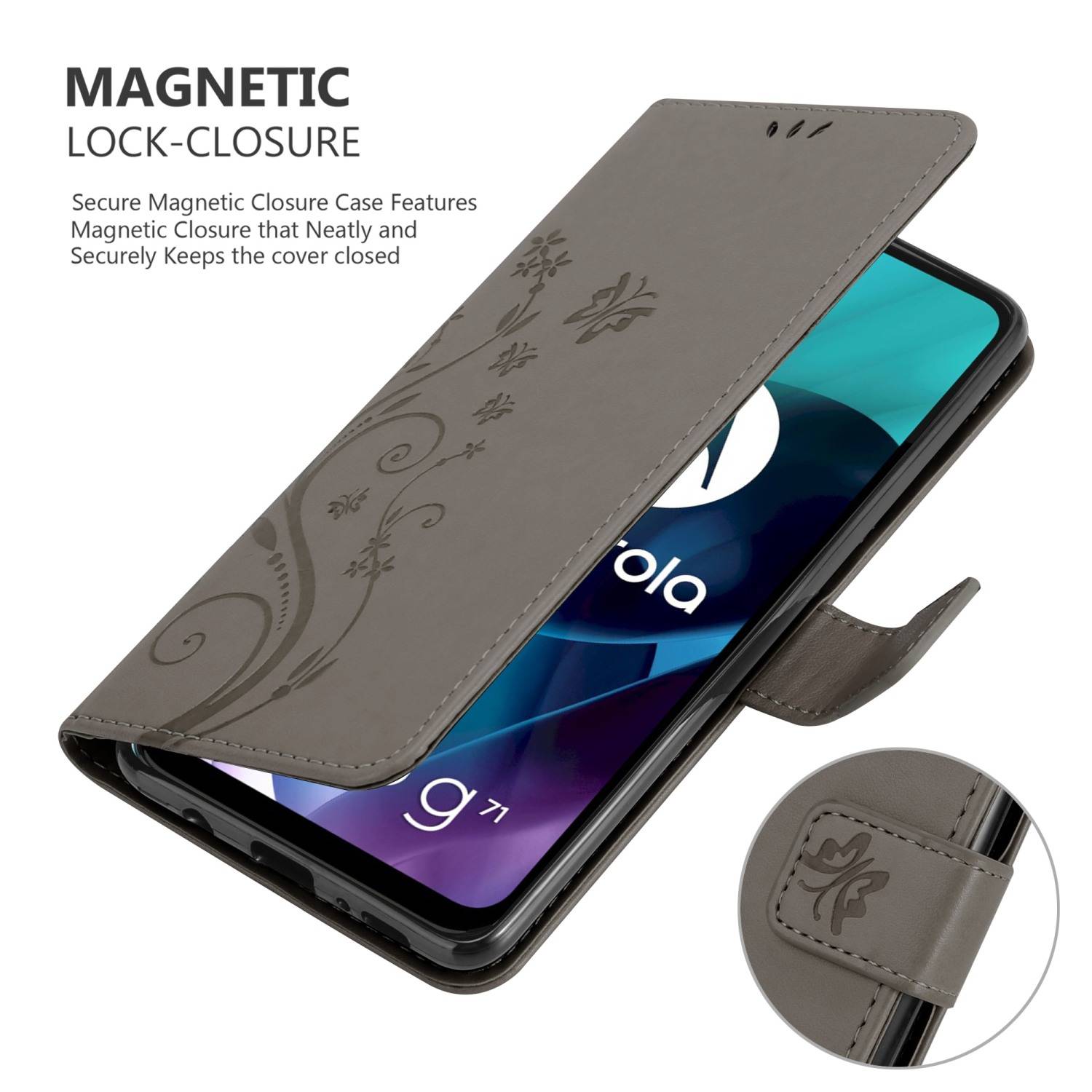 Cadorabo Hülle für Motorola MOTO G71 5G Schutz Hülle in Grau Schutzhülle Handy Hülle Etui Case Blumen Flower