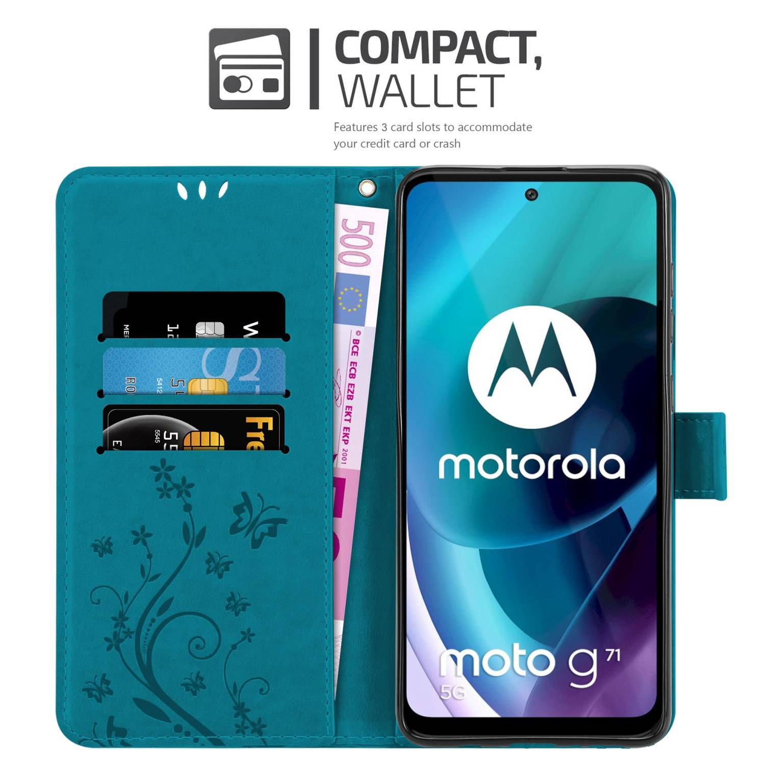 Cadorabo Hülle für Motorola MOTO G71 5G Schutz Hülle in Blau Schutzhülle Handy Hülle Etui Case Blumen Flower