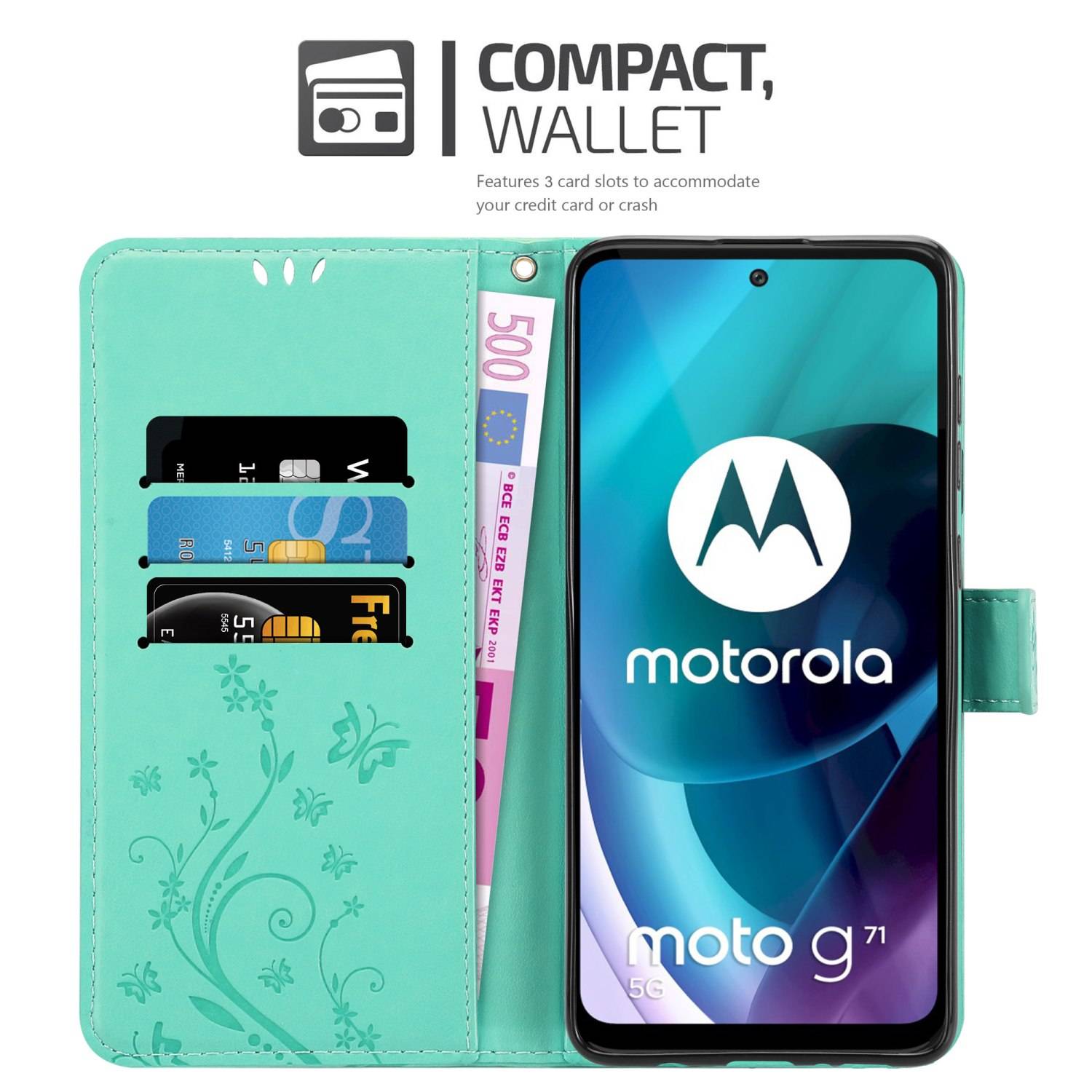 Cadorabo Hülle für Motorola MOTO G71 5G Schutz Hülle in Türkis Schutzhülle Handy Hülle Etui Case Blumen Flower