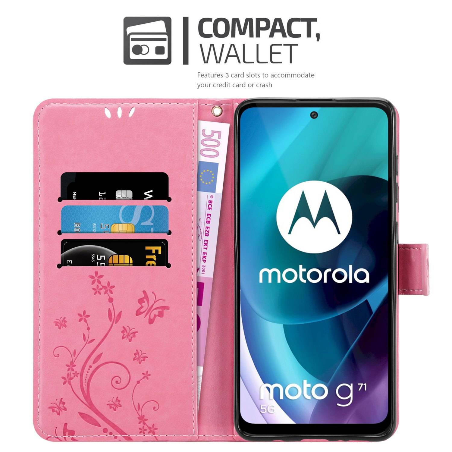 Cadorabo Hülle für Motorola MOTO G71 5G Schutz Hülle in Rosa Schutzhülle Handy Hülle Etui Case Blumen Flower