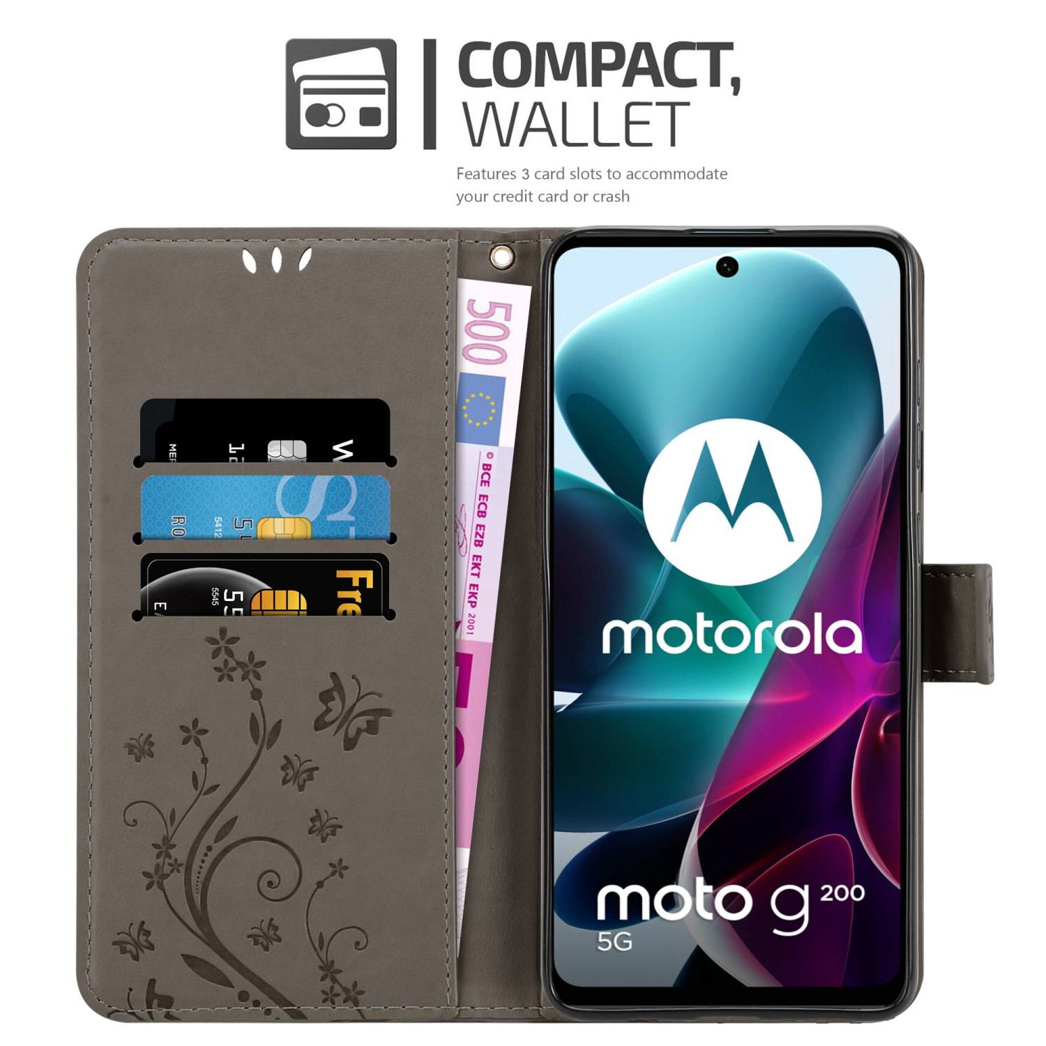 Cadorabo Hülle für Motorola MOTO G200 5G Schutz Hülle in Grau Schutzhülle Handy Hülle Etui Case Blumen Flower