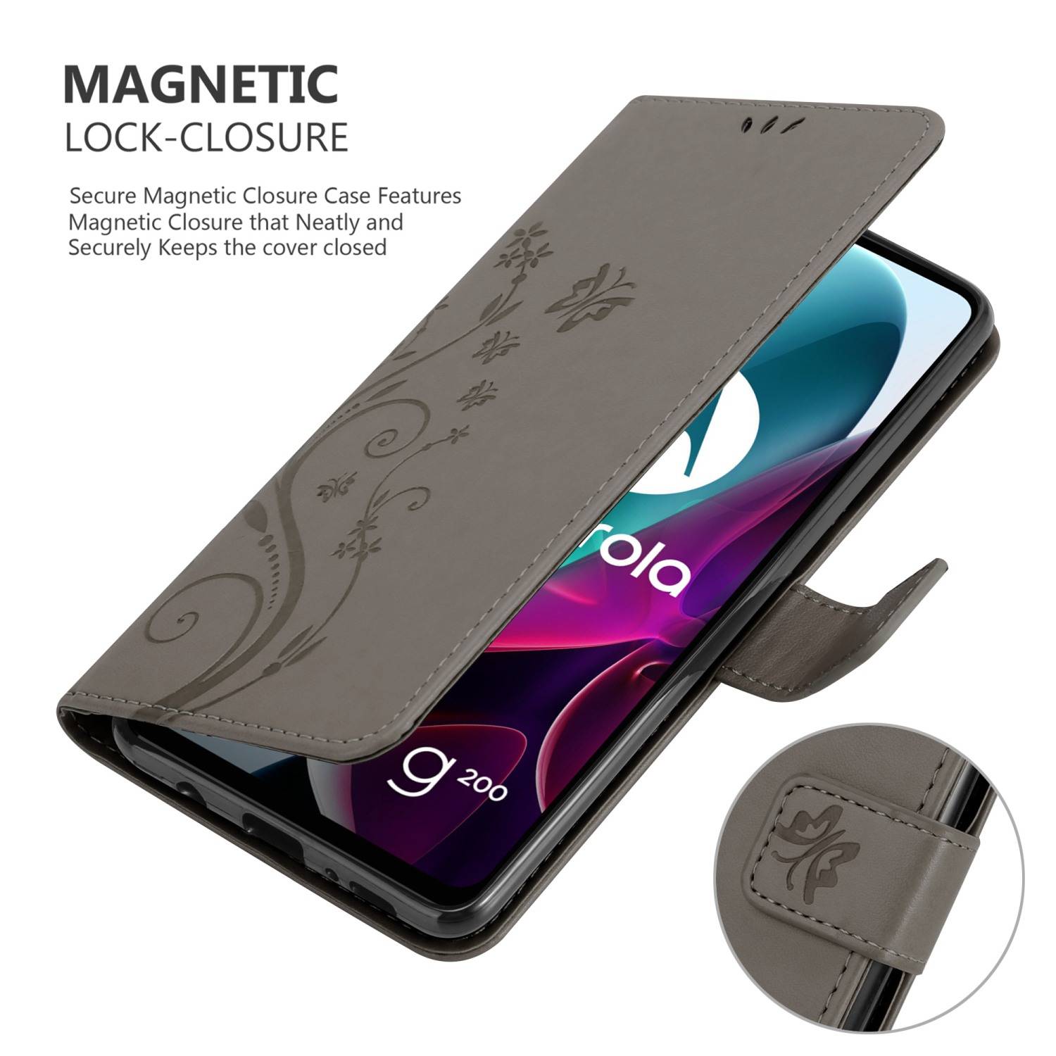 Cadorabo Hülle für Motorola MOTO G200 5G Schutz Hülle in Grau Schutzhülle Handy Hülle Etui Case Blumen Flower