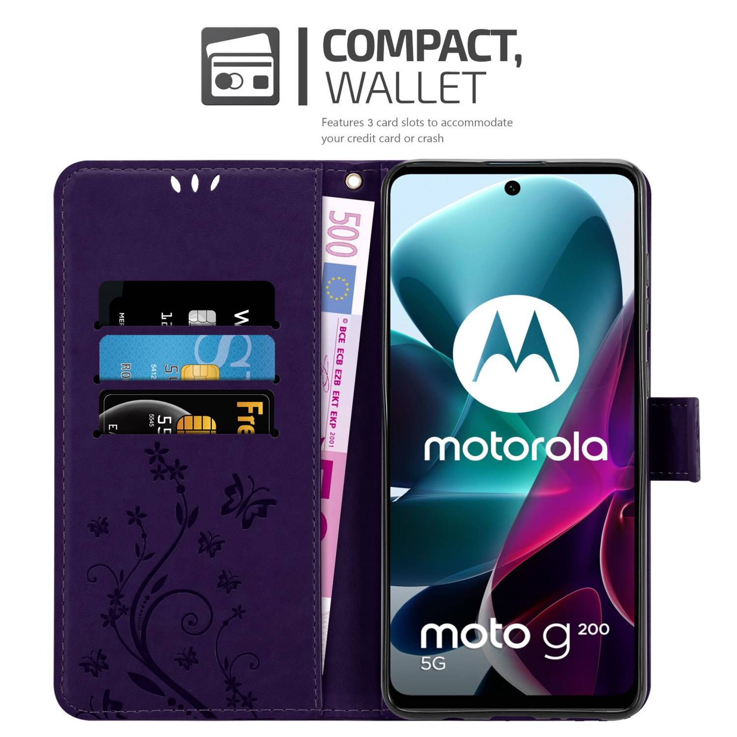 Cadorabo Hülle für Motorola MOTO G200 5G Schutz Hülle in Lila Schutzhülle Handy Hülle Etui Case Blumen Flower