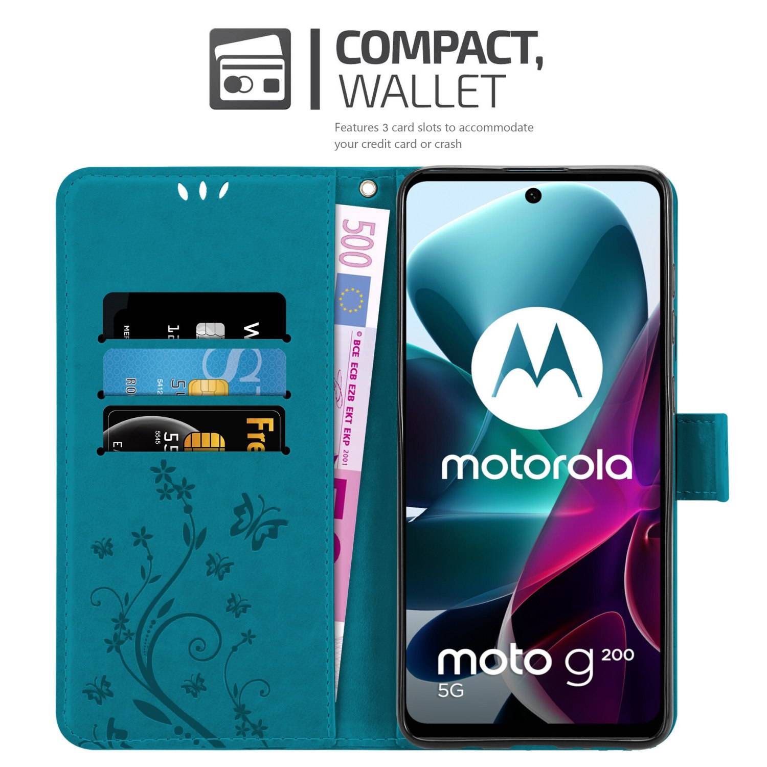 Cadorabo Hülle für Motorola MOTO G200 5G Schutz Hülle in Blau Schutzhülle Handy Hülle Etui Case Blumen Flower